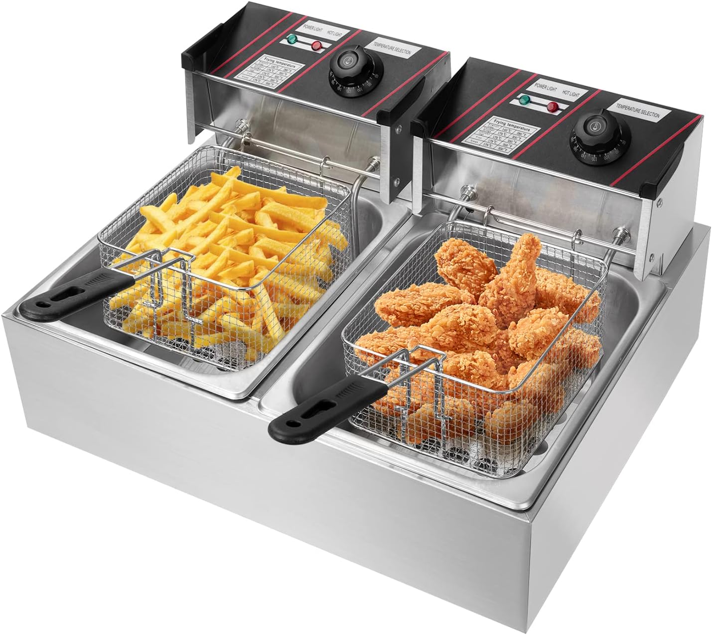 電気フライヤー 業務用 二槽式 12L 大容量 卓上フライヤー 100/110V 温度調整付 2500W 揚げ物 天ぷら 唐揚げバスケット付き 個別通電可能 ダブルシリンダー ステンレス鋼 防錆性あり お手入れ簡単 日本語説明書付き 【送料無料】|東京博海 店