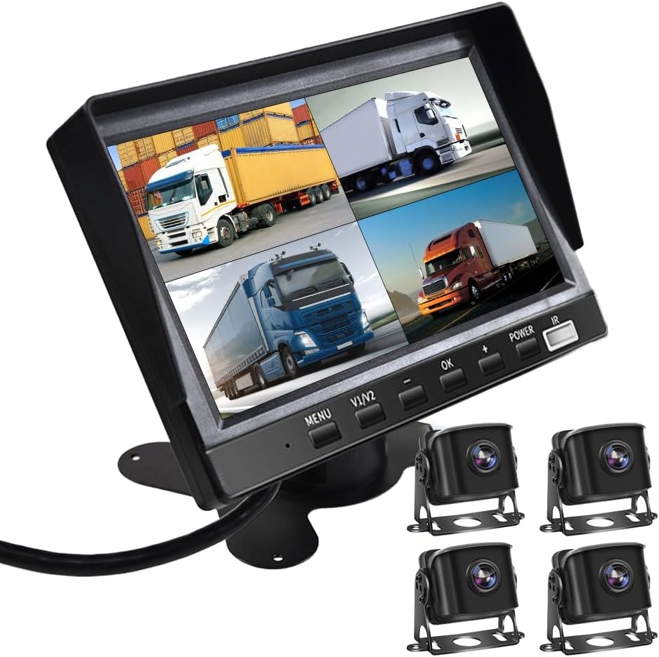[2023年新型] 7インチドラック用ドライブレコーダー、IPS液晶、4K画質 4画面分割オンダッシュモニター 録画機能付き、 ガイドラインON/OFF 正像・鏡像を切替可能,駐車監視機能付き、12-36V兼用 4個カメラ付きセット、日本語説明書つき