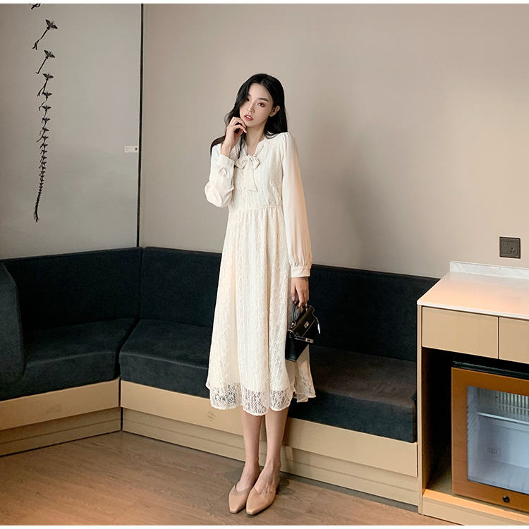 ワンピース レース 春 秋 長袖 リボン襟 オフホワイト無地 Aライン きれいめ お出かけ ミモレ丈 ロングワンピ 上品 大人 結婚式 デート フェミニン お洒落 ファッション L 586 Sylvainpaley Cool