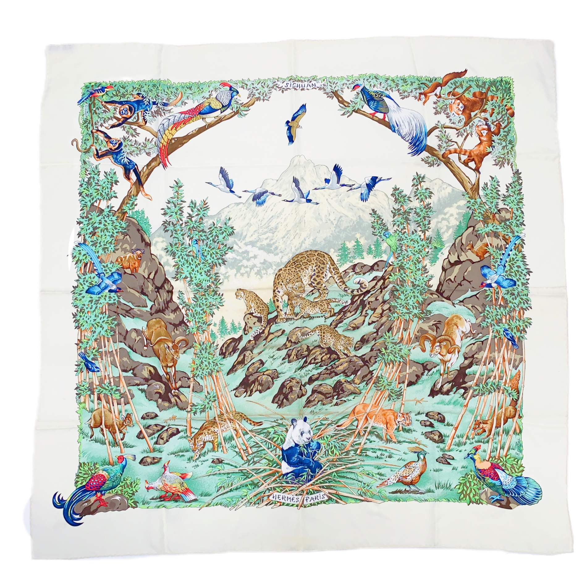 HERMES エルメス カレ90 SICHUAN 四川省 象牙色 x マルチ色合い えり巻き 絹地100％