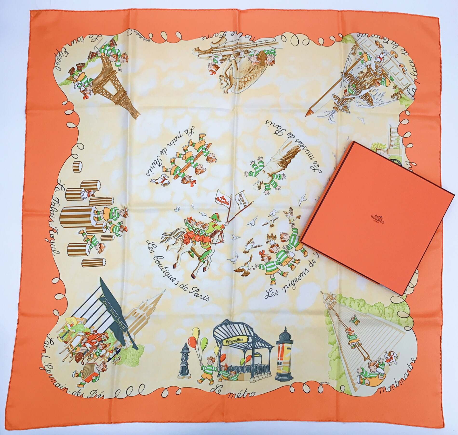 極美品 Hermes カレ90 絹地 えり巻き Les Triples de Paris 悪戯っぽい三つ子 箱付き添い人