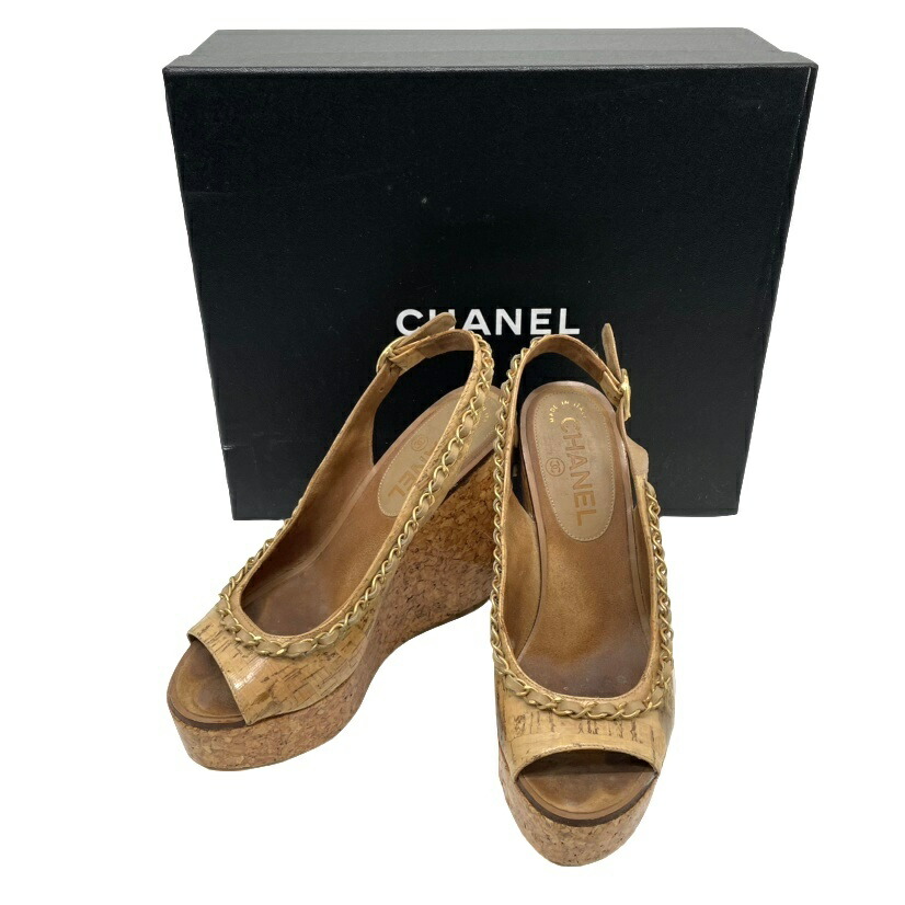 シャネル　ウエッジコルクサンダル35 CHANEL シャネル コルク ウェッジソール サンダル ブラックxブラウン