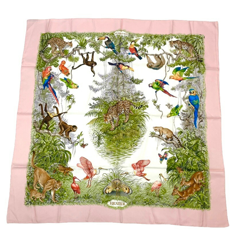 美品 HERMES エルメス スカーフ カレ90 EQUATEUR 赤道直下 総柄 シルク ピンク マルチカラー｜Tokyo Vintage Brand