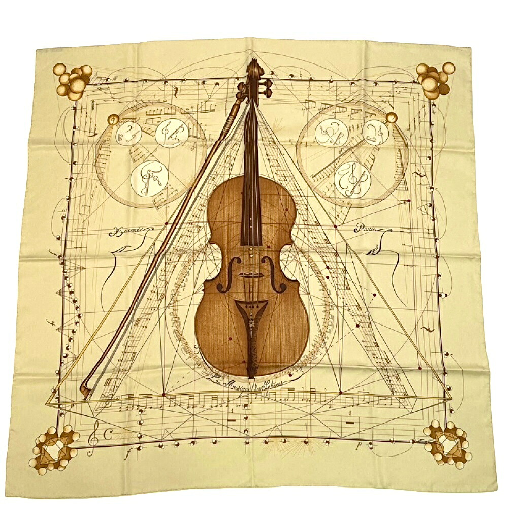 美品 HERMES エルメス えり巻き カレ90 球状体が奏でる快い音 La Musique des Spheres 黄色 絹地100％