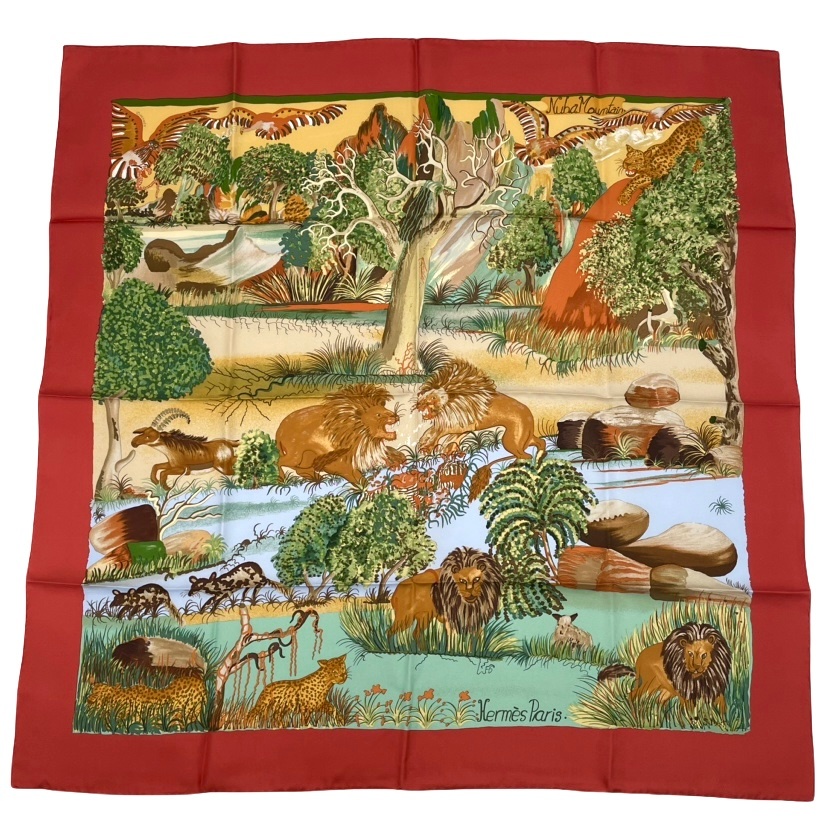 未当てはめる品 HERMES エルメス カレ90 Nuba Mountain ヌバマウンテン えり巻き 絹地100％ 赤いこと