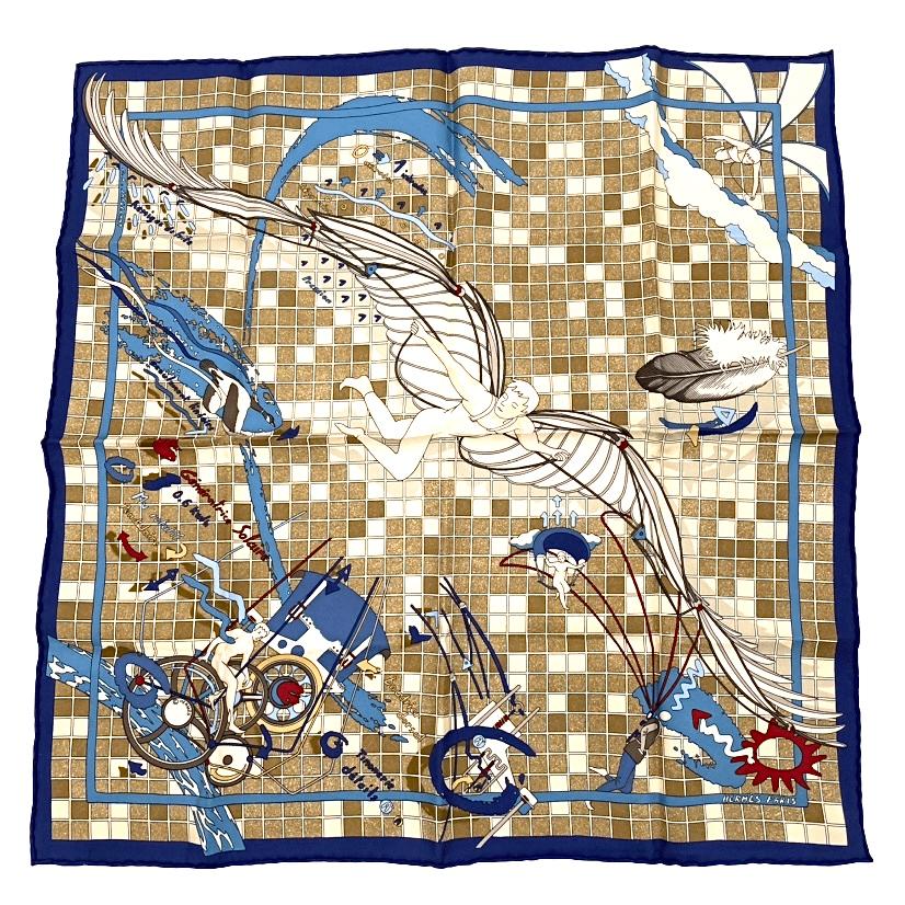 極美品 HERMES エルメス  D.A.Jarlecant 飛行機移動術 汗手拭い えり巻き 絹地 100％ えり巻き マルチ色合い