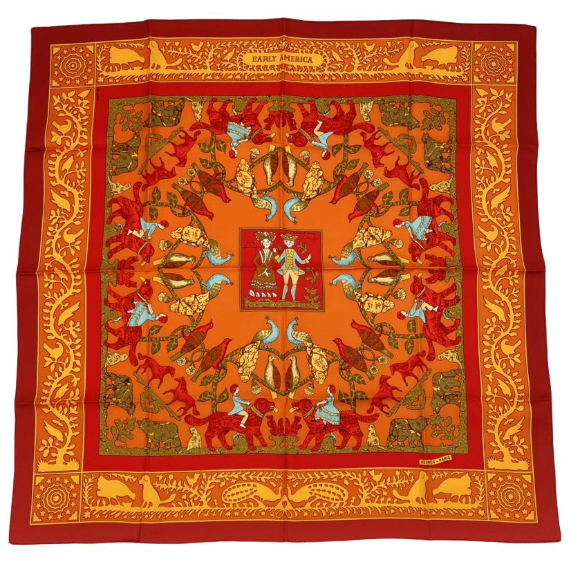 新品負けず劣らず HERMES エルメス カレ90 EARLY AMERICA 古き良き亜米利加 毛の荒物柄 えり巻き 絹地 赤いこと