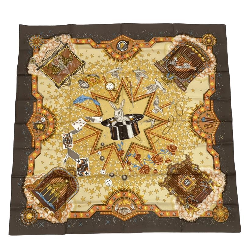 極美品 HERMES エルメス カレ90 天使の都市 MAGIE 神通力 家兎 魔術 鳩 お笑い芸人 絹地 赤銅色