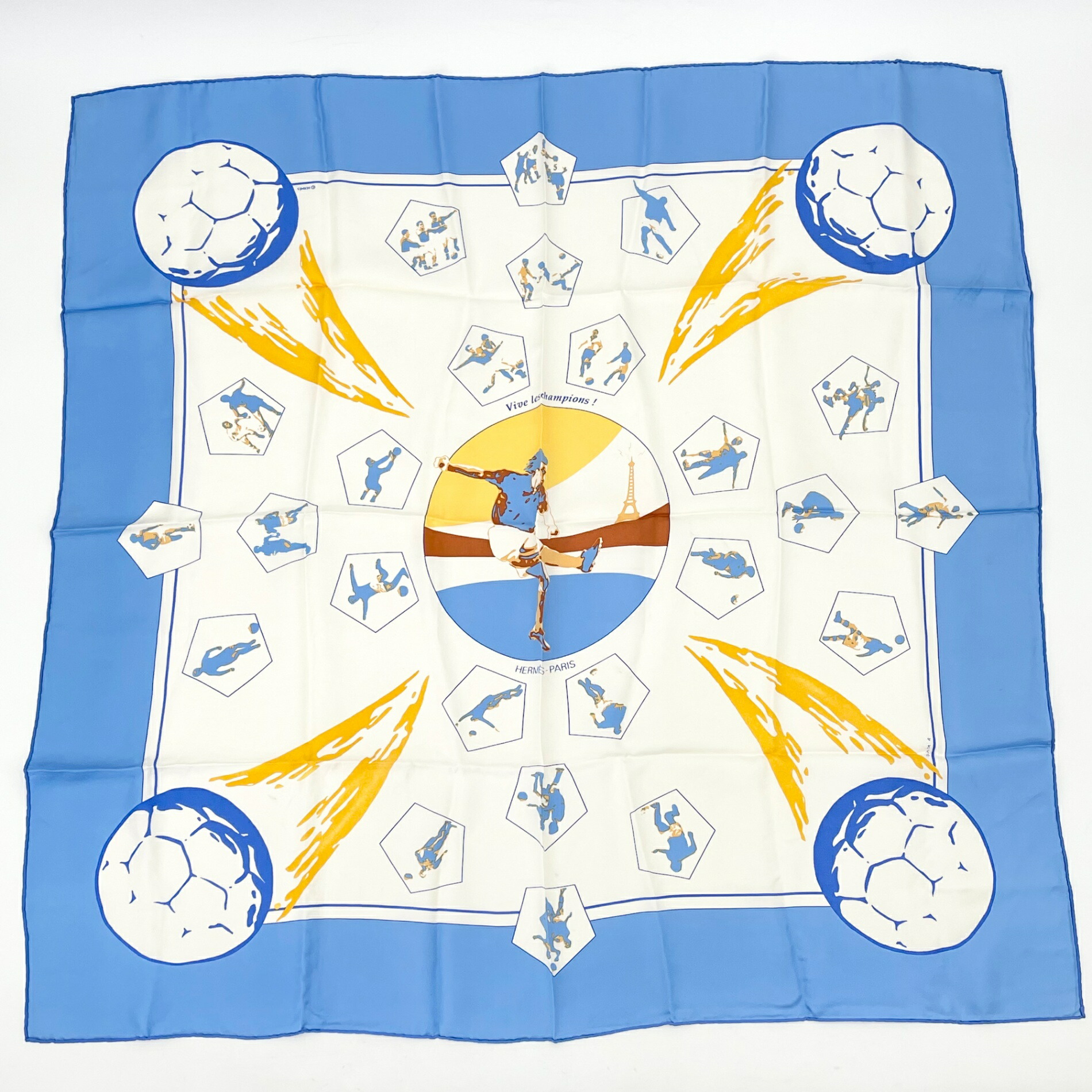 極美品 HERMES エルメス カレ90 Vive les champion ビバチャンピオン 青色