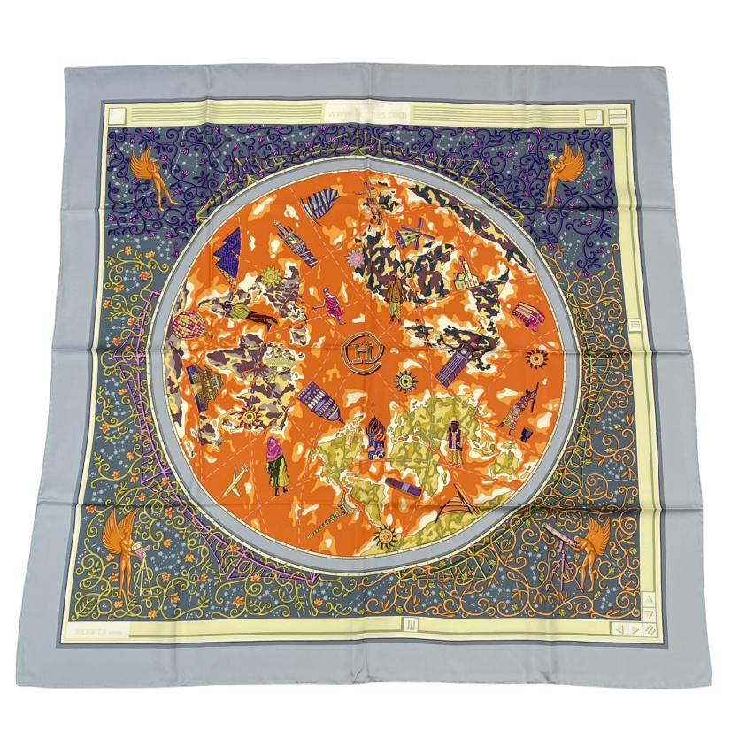 美品 HERMES エルメス カレ90 ウェッブ.hermes.com 地球軍用地図 えり巻き 絹地 薄墨色 オレンジ色 マルチ色合い