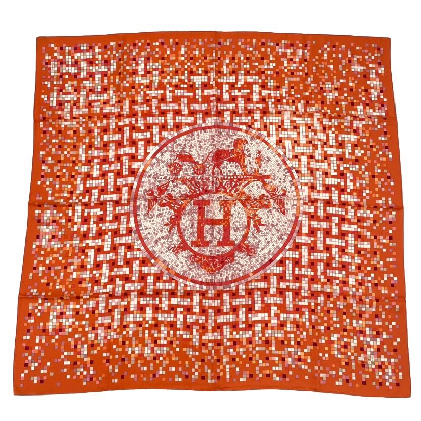 極美品 HERMES エルメス えり巻き カレ90 地絹 MosaiqueAu24 モザイック24 馬柄 オレンジ色 マルチ色つや