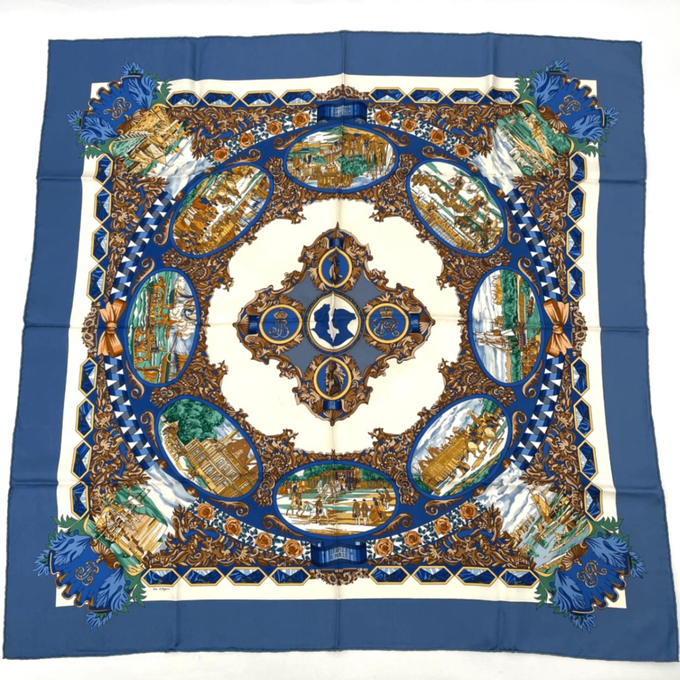 美品 HERMES エルメス カレ90 L\u0027ENTENTE CORDIALE 仏英合従連衡 青碧 x マルチ色つや えり巻き 地絹100％
