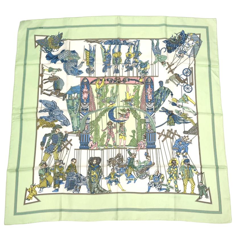 美品 HERMES エルメス カレ90 LE TEMPS des MARIONNETTES あやつり人形の第四次元 地絹 えり巻き 緑であること