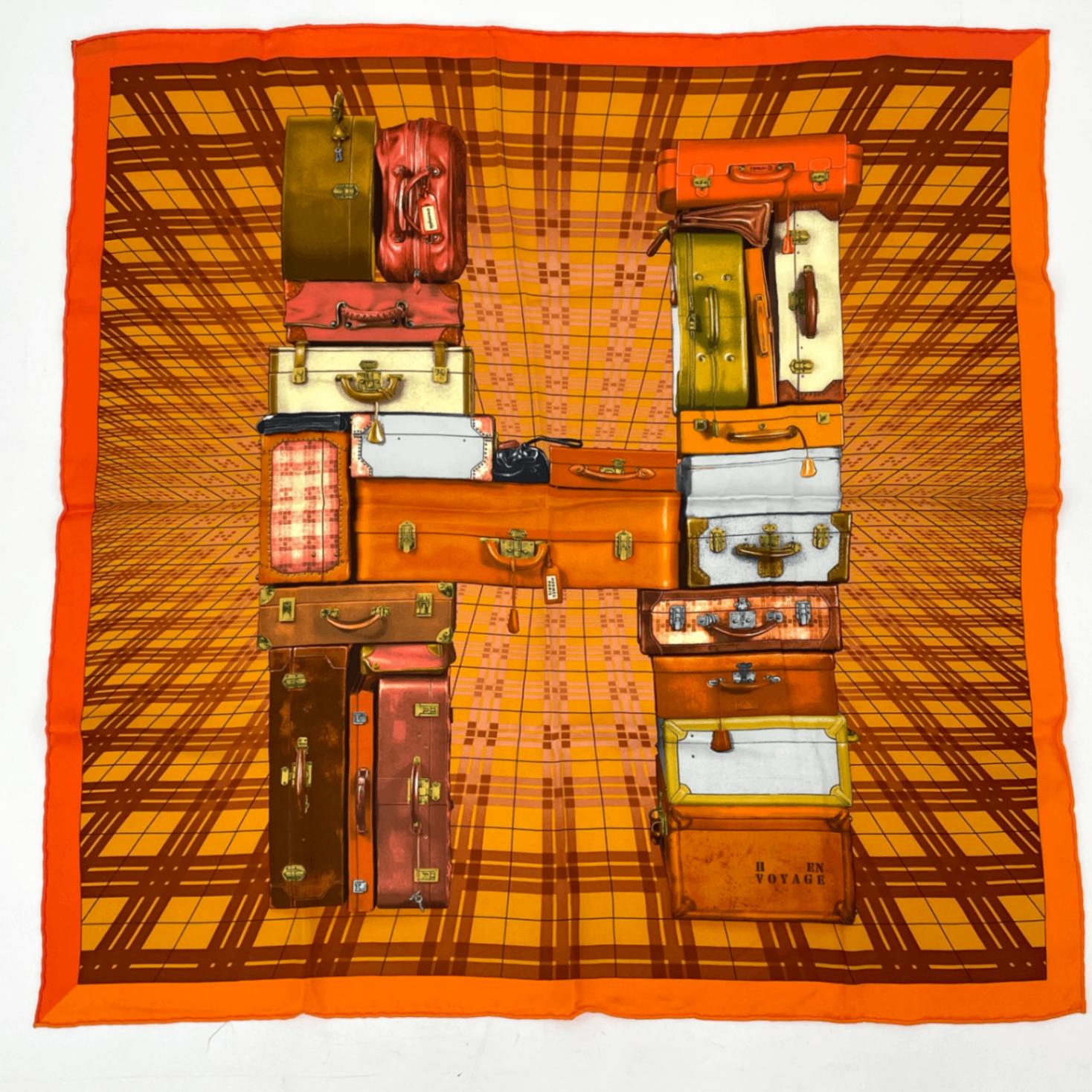 美品 HERMES エルメス 絹地 えり巻き H EN VOYAGE 旅するエルメス 御徒面子柄 オレンジ色