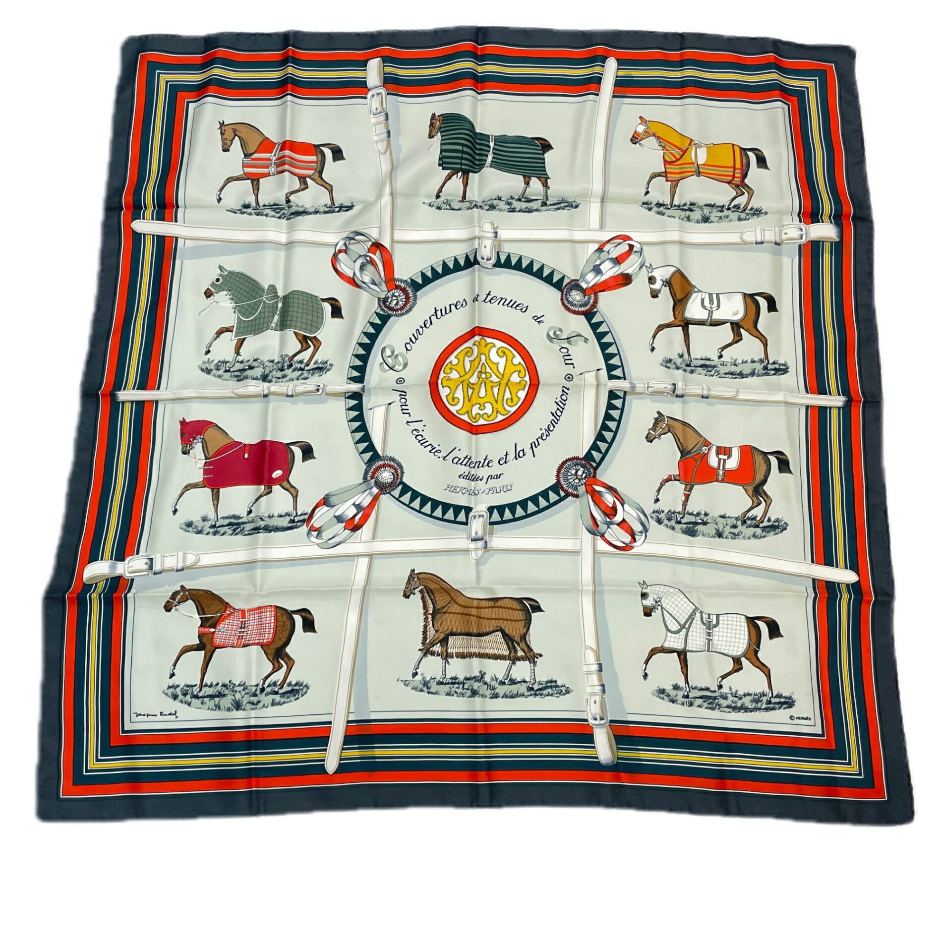 美品✨HERMES エルメス　馬着　カレ90 ホワイト　ブラック 楽天市場】【HERMES】エルメス カレ90 スカーフ 馬着 クリーム