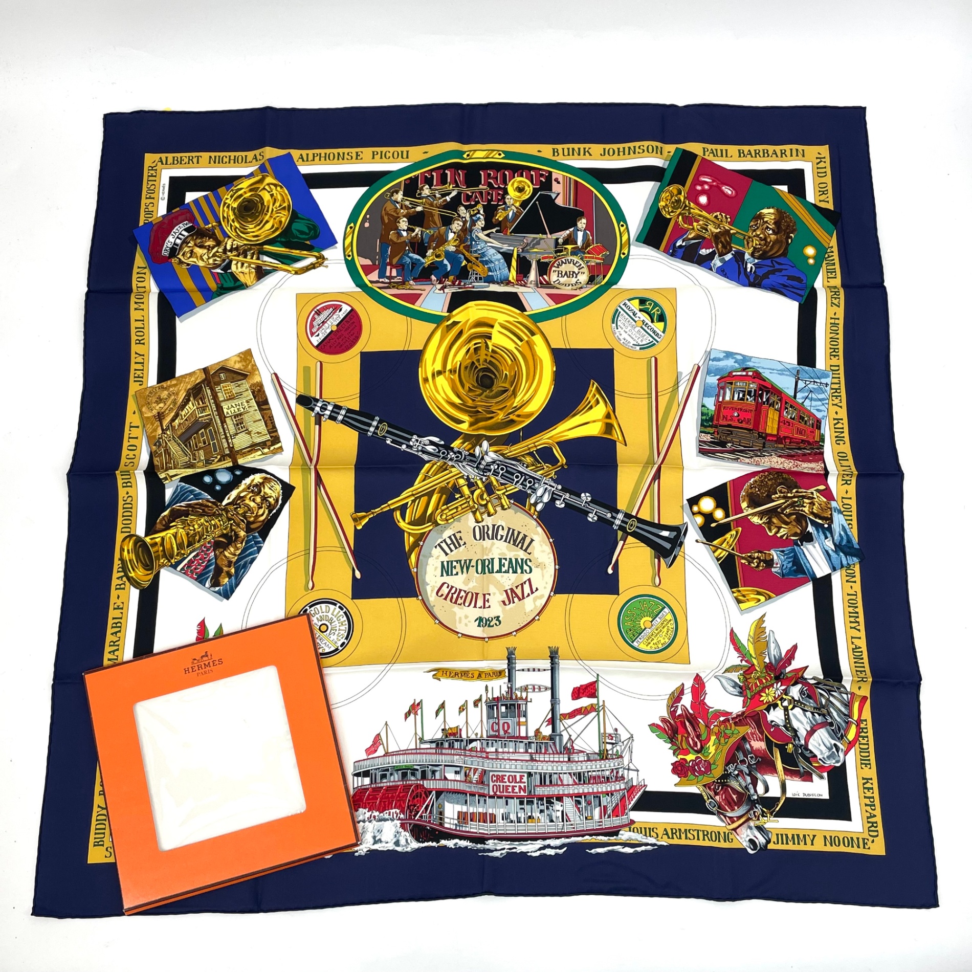 新品負けず劣らず HERMES エルメス カレ90 THE ORIGINAL NEW ORLEANS CREOLE JAZZ ニューオリンズ えり巻き 絹地 米国海軍 箱付き添い人