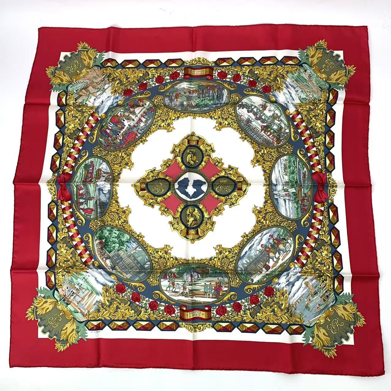 新品負けず劣らず HERMES エルメス カレ90 L\u0027ENTENTE CORDIALE 仏英合従連衡 えり巻き 絹地 赤いこと