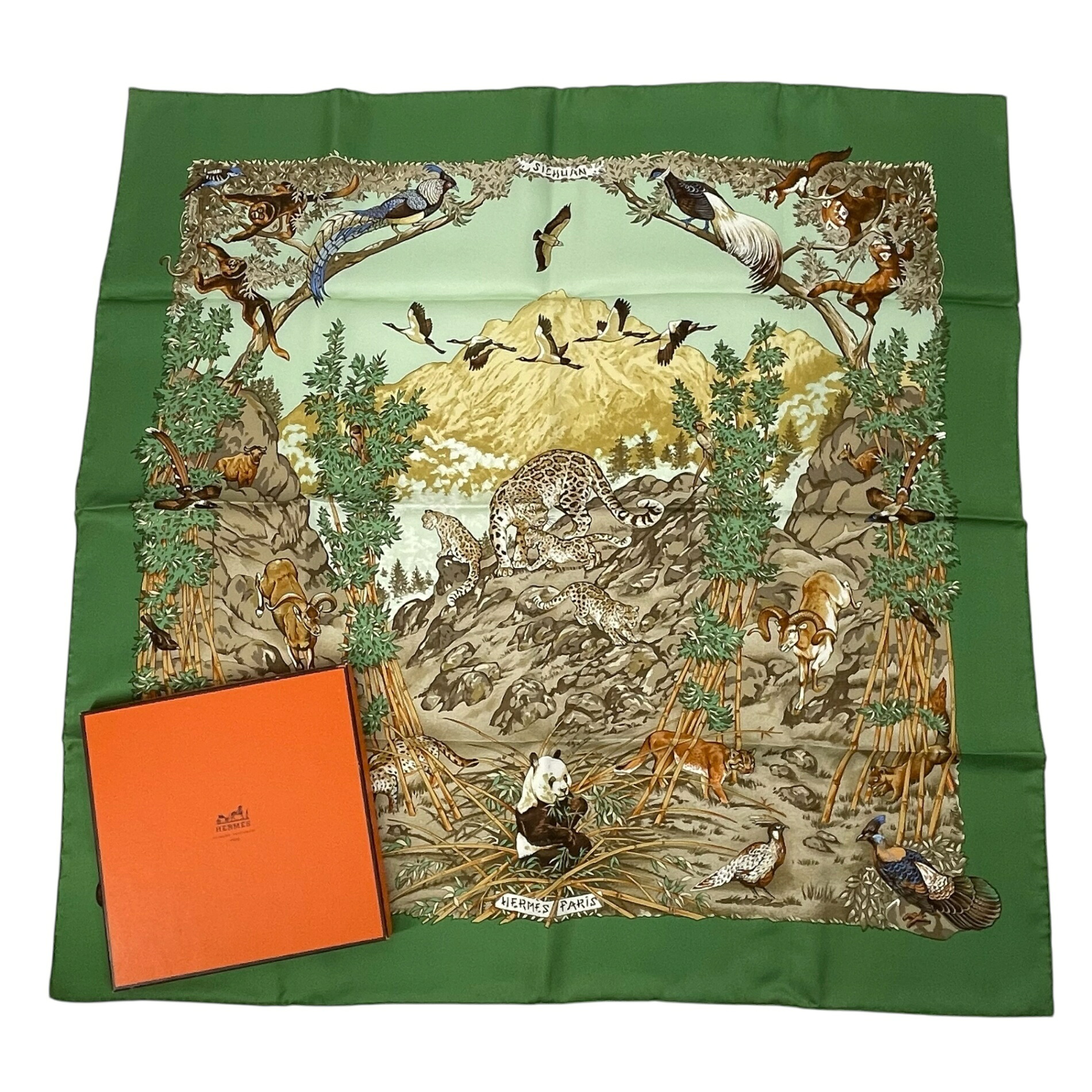 新品負けず劣らず HERMES エルメス えり巻き カレ90 絹地 SICHUAN 四川省 緑であること 箱付き添い人