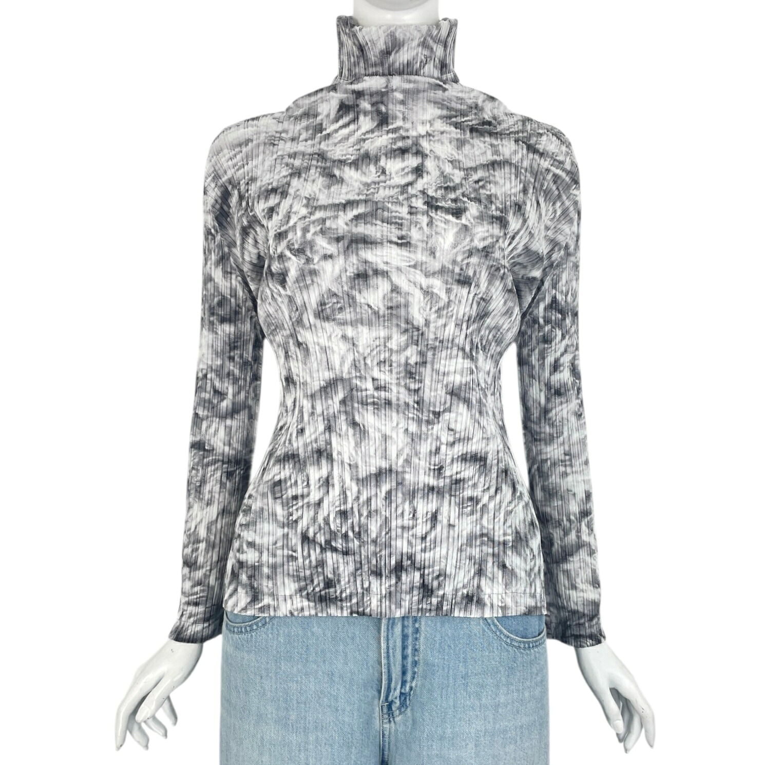 極美品 ISSEY MIYAKE イッセイミヤケ PLEATS PLEASE 筋目プリーズ カットソー ハイネック 総柄 大きさ3 白いこと × 黒いこと