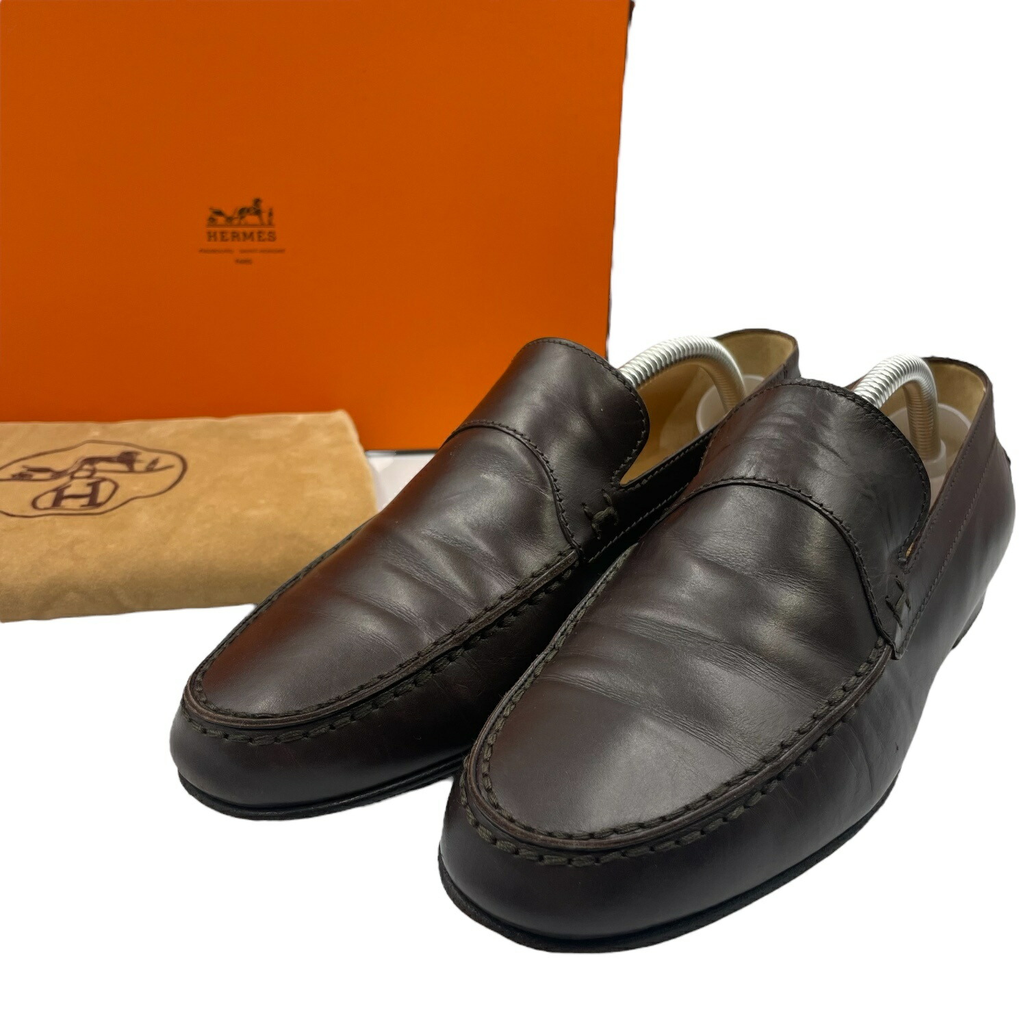 美品 エルメス 37.5 Hロゴ スエード ローファー モカシン ブラウン 美品 エルメス 37.5 Hロゴ スエード ローファー モカシン ブラウン