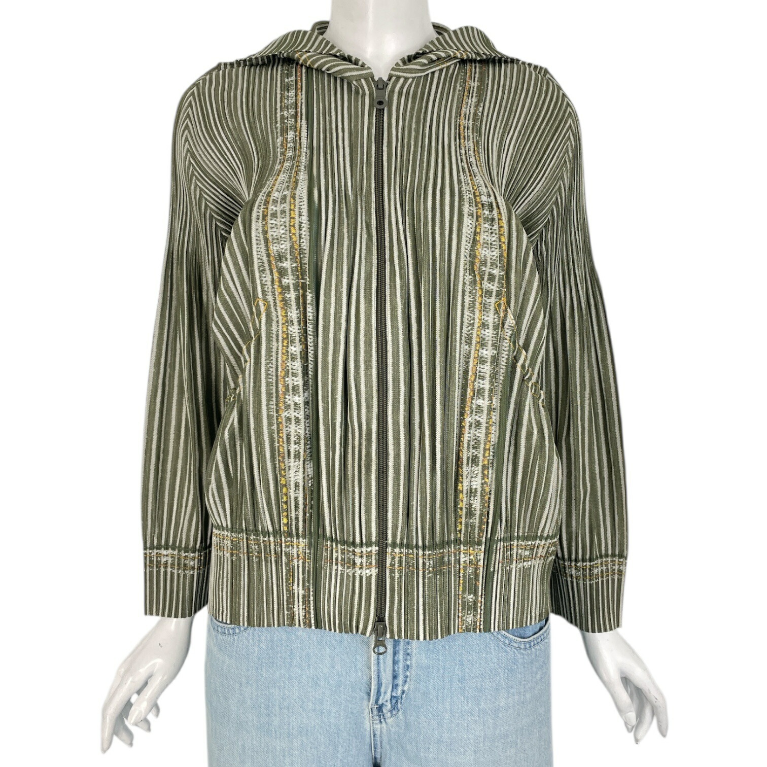 レア 極美品 ISSEY MIYAKE イッセイミヤケ PLEATS PLEASE 筋目プリーズ 上衣 縞模様柄 緑であること 大きさ3