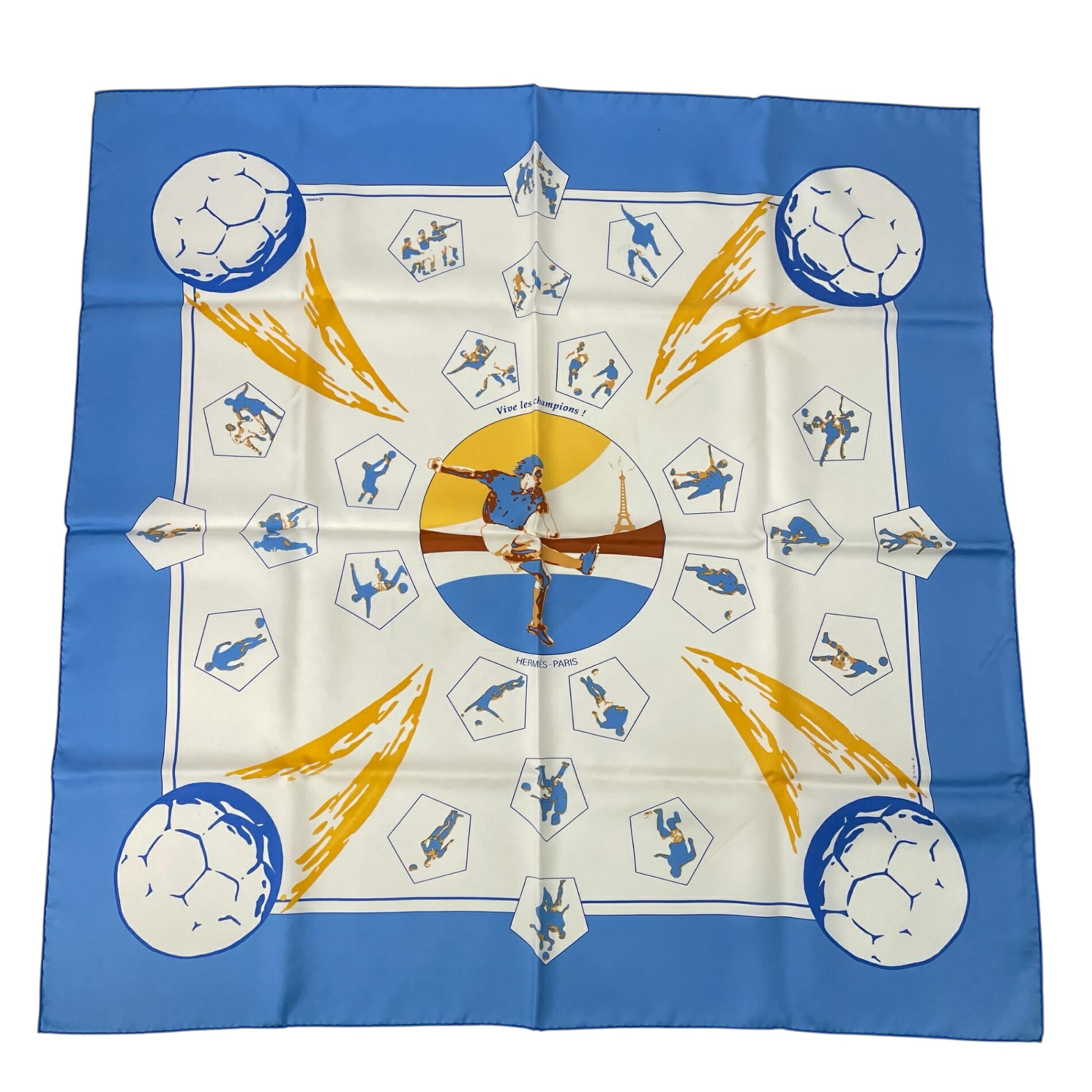 美品 HERMES エルメス えり巻き 絹地 カレ90 Vive les champions! ビバ はやりっ子 蹴球 青碧 箱付き添い人