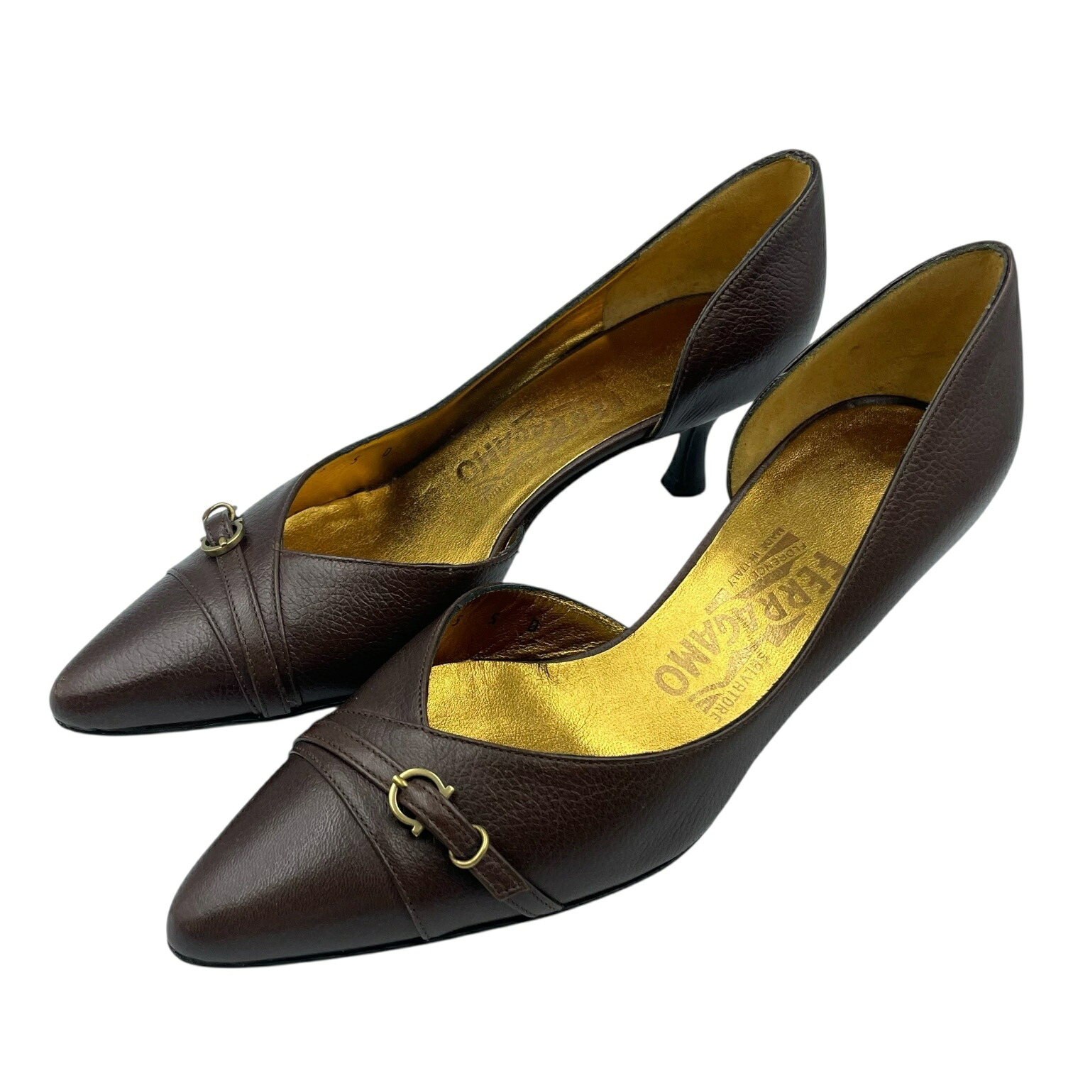 未当て嵌める品 Salvatore Ferragamo フェラガモ パンプス なめし革 ガンチーニ ポインテッドトゥ 赤銅色