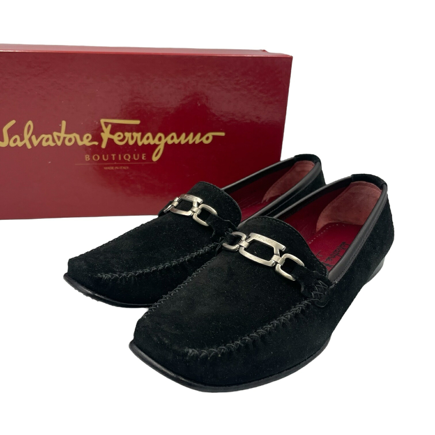 未当て嵌める品 Salvatore Ferragamo フェラガモ 置き目毛皮 スウェード しろがね色のガンチーニ金具付き添い人 黒いこと 箱付き添い人