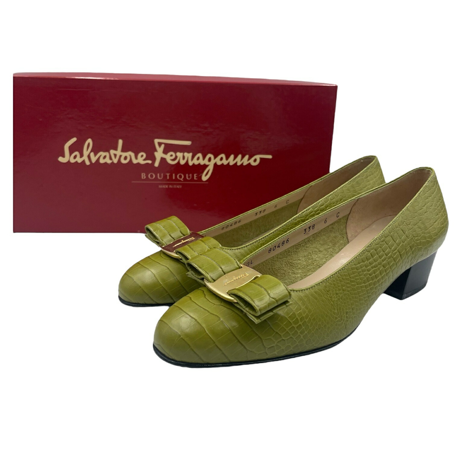 未当て嵌める品 Salvatore Ferragamo フェラガモ パンプス  型押し なめし革 緑であること系 大いさ36C 箱付き添い人 靴-パンプス-レディース靴