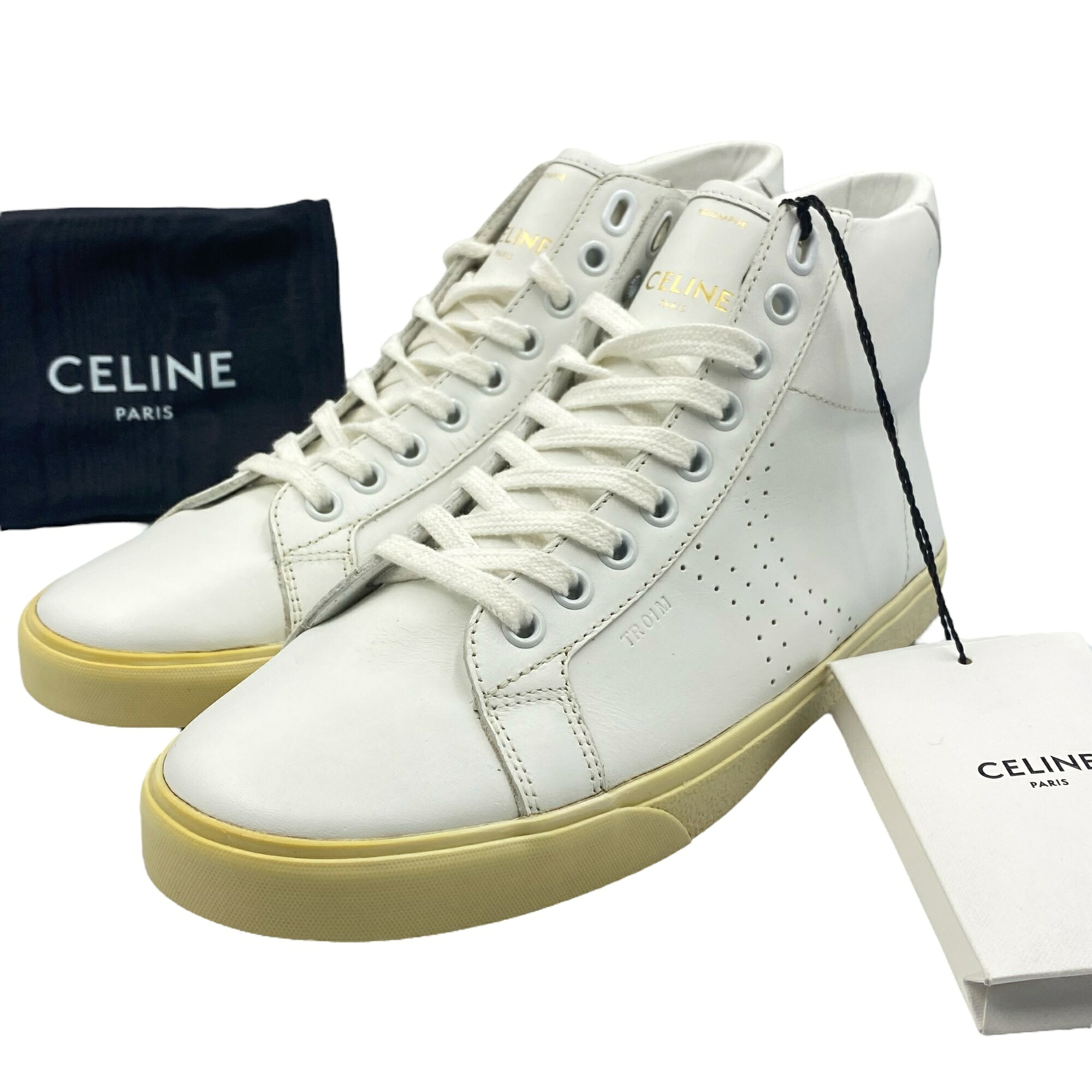 未使用品 CELINE セリーヌ ハイカットスニーカー レザー ロゴ付き ホワイト サイズ36｜Tokyo Vintage Brand
