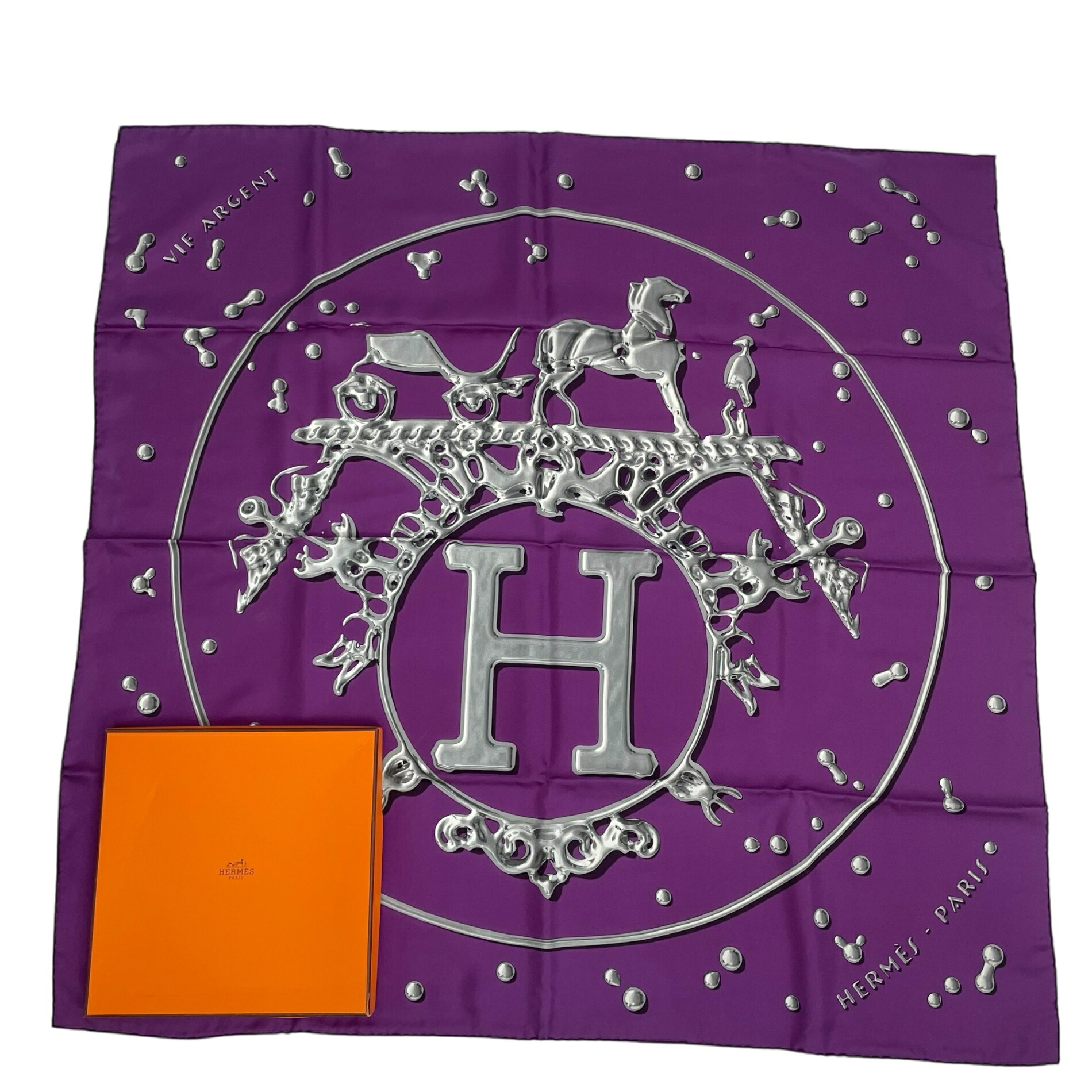 極美品 HERMES エルメス カレ90 VIF ARGENT 銀の雫 オレンジ色 絹地 えり巻き パープル 箱付き添い人