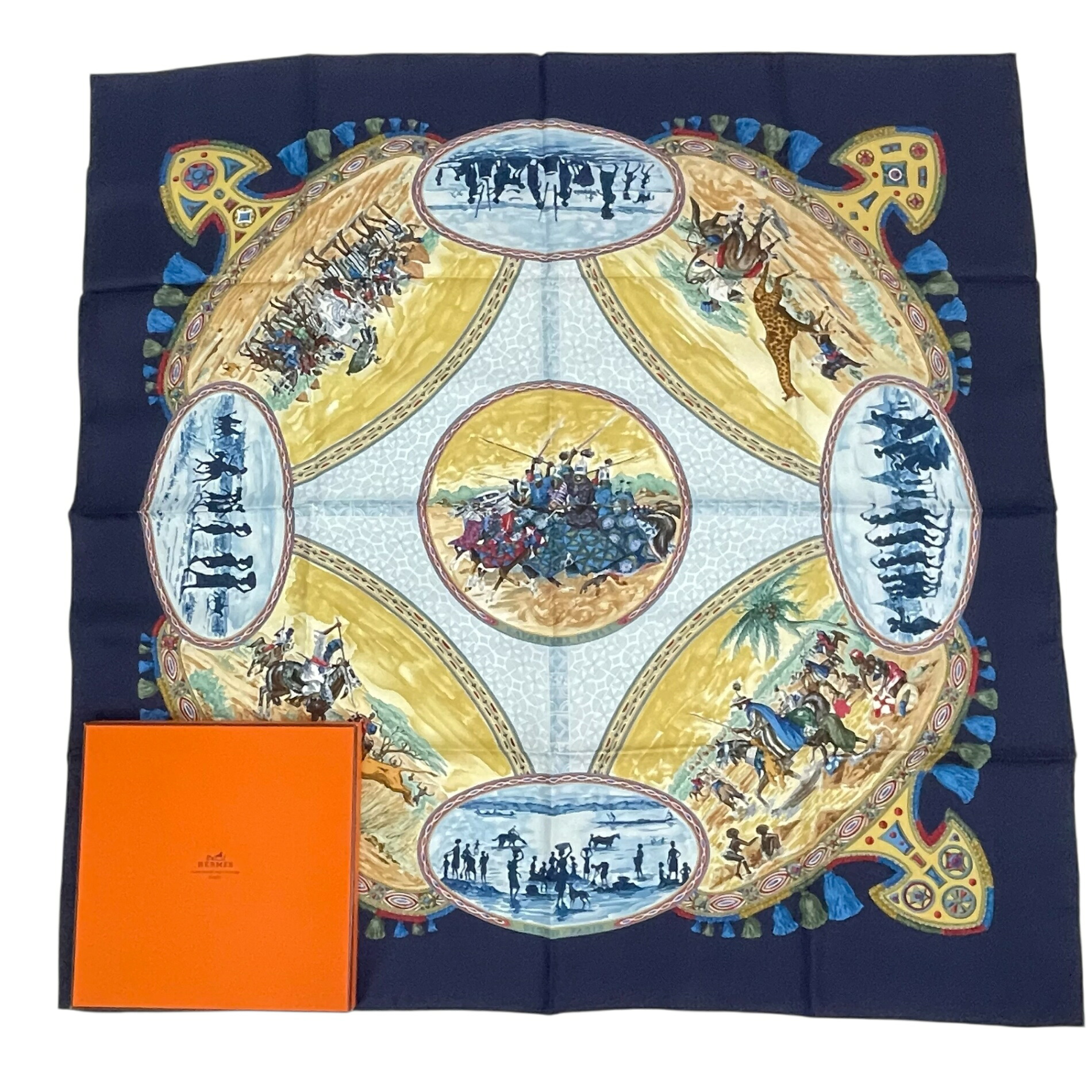 新品負けず劣らず HERMES エルメス カレ90 えり巻き 地絹 CAVALIERS PEULS スウィミングプール族の乗馬者 米国海軍 箱付き添い人