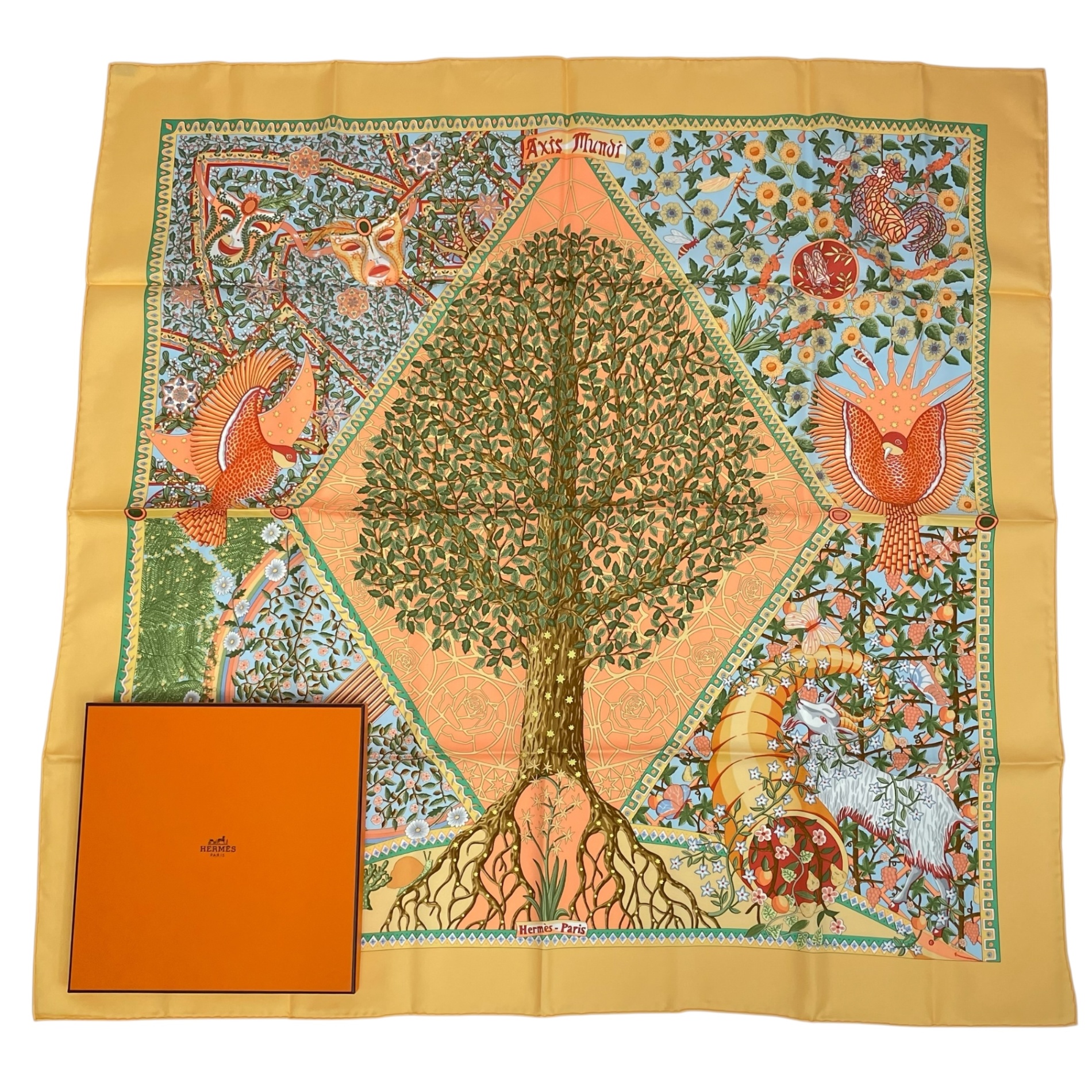 極美品 HERMES エルメス 絹地100％ えり巻き カレ90 AXIS MUNDI 地球の真っただ中軸 マルチ色合い 箱付き添い人