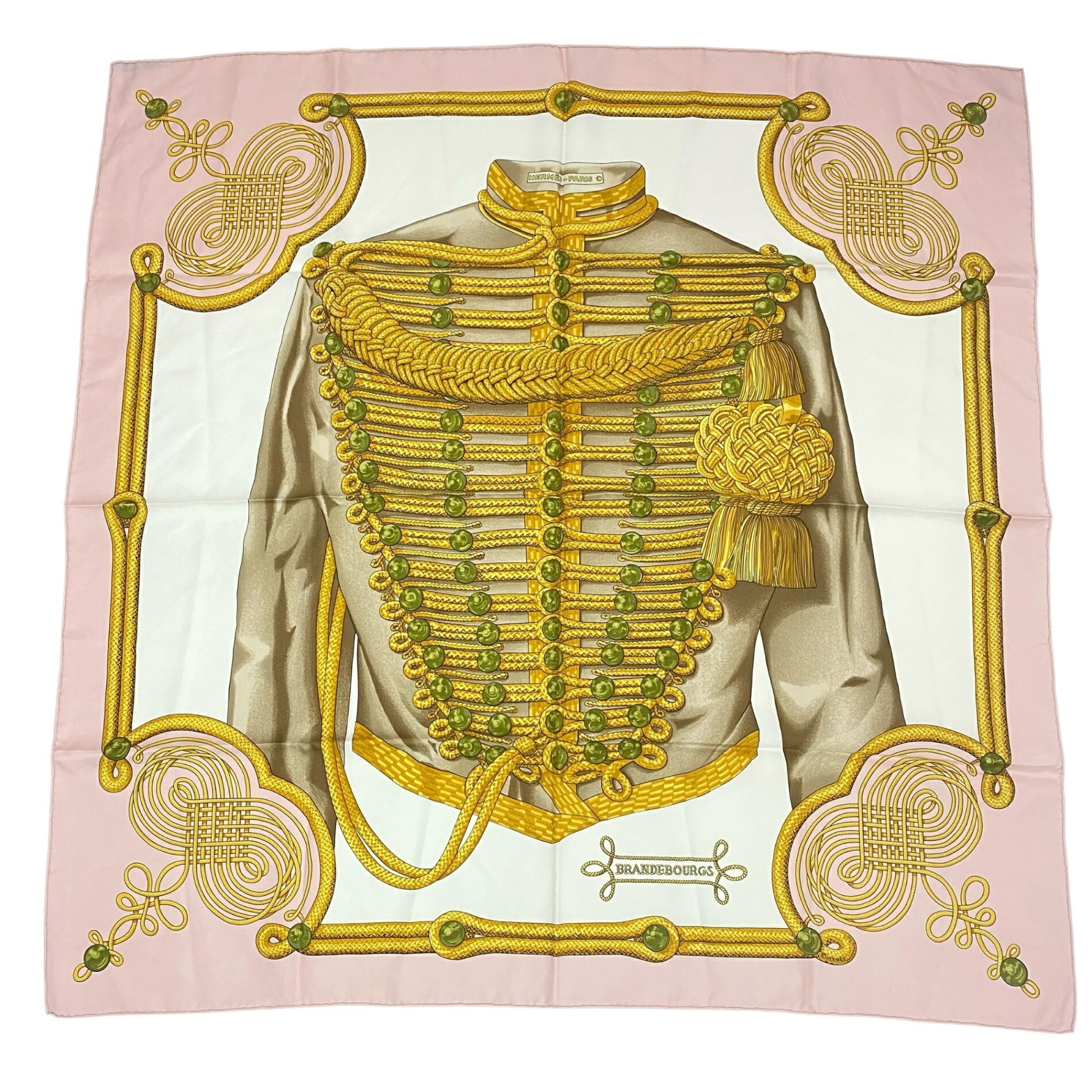 極美品 HERMES エルメス カレ90 BRANDEBOURGS ブランデンブルク飾りつけ えり巻き 絹地 サクラ色