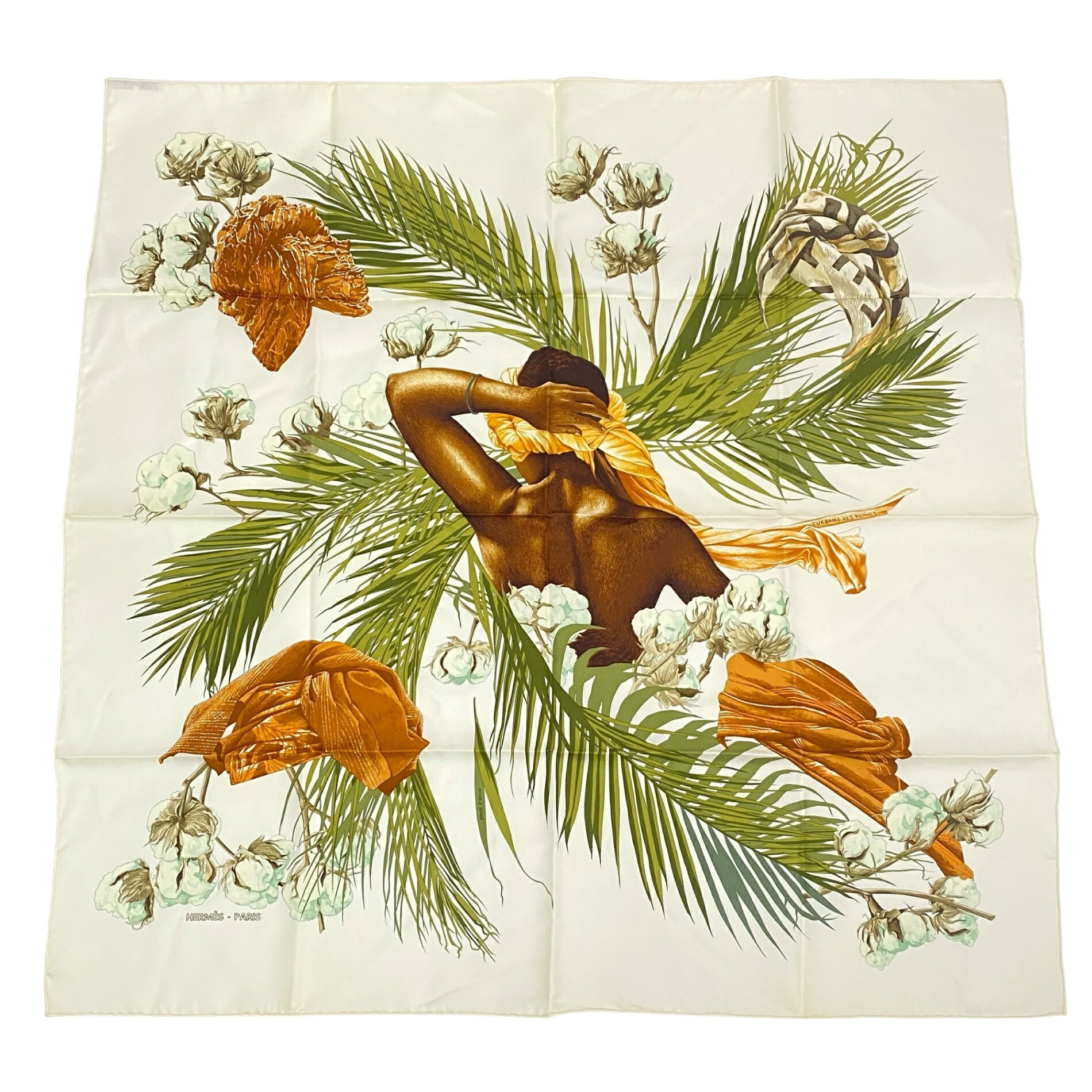 極美品 HERMES エルメス えり巻き カレ90 絹地 TURBANS DES REINES お姫様のターバン 花 木ノ葉 マルチ色合い