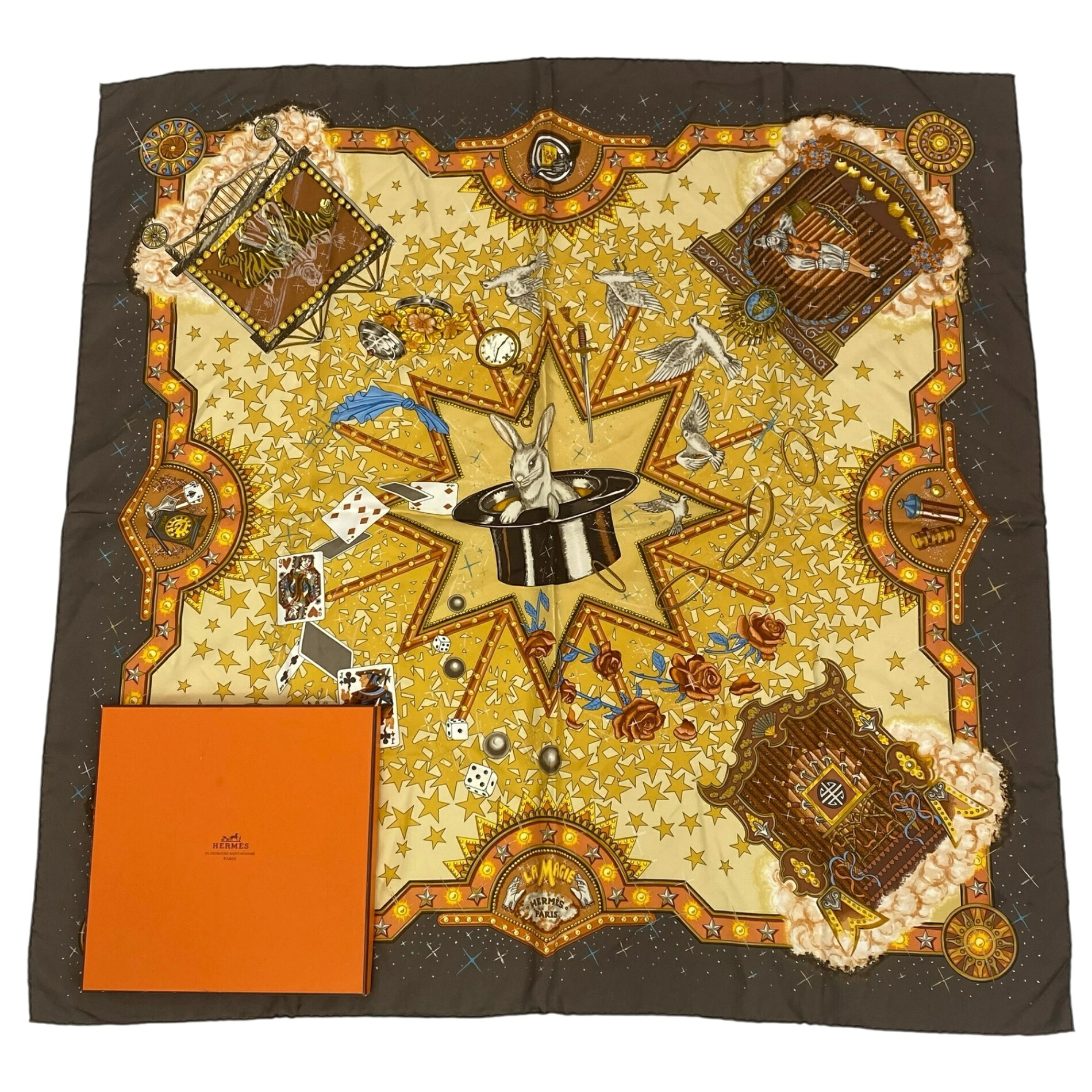 極美品 HERMES エルメス カレ90 天使の都市 MAGIE 神通力 家兎 幻術 鳩 お笑い芸人 地絹 赤銅色 箱付き添い人