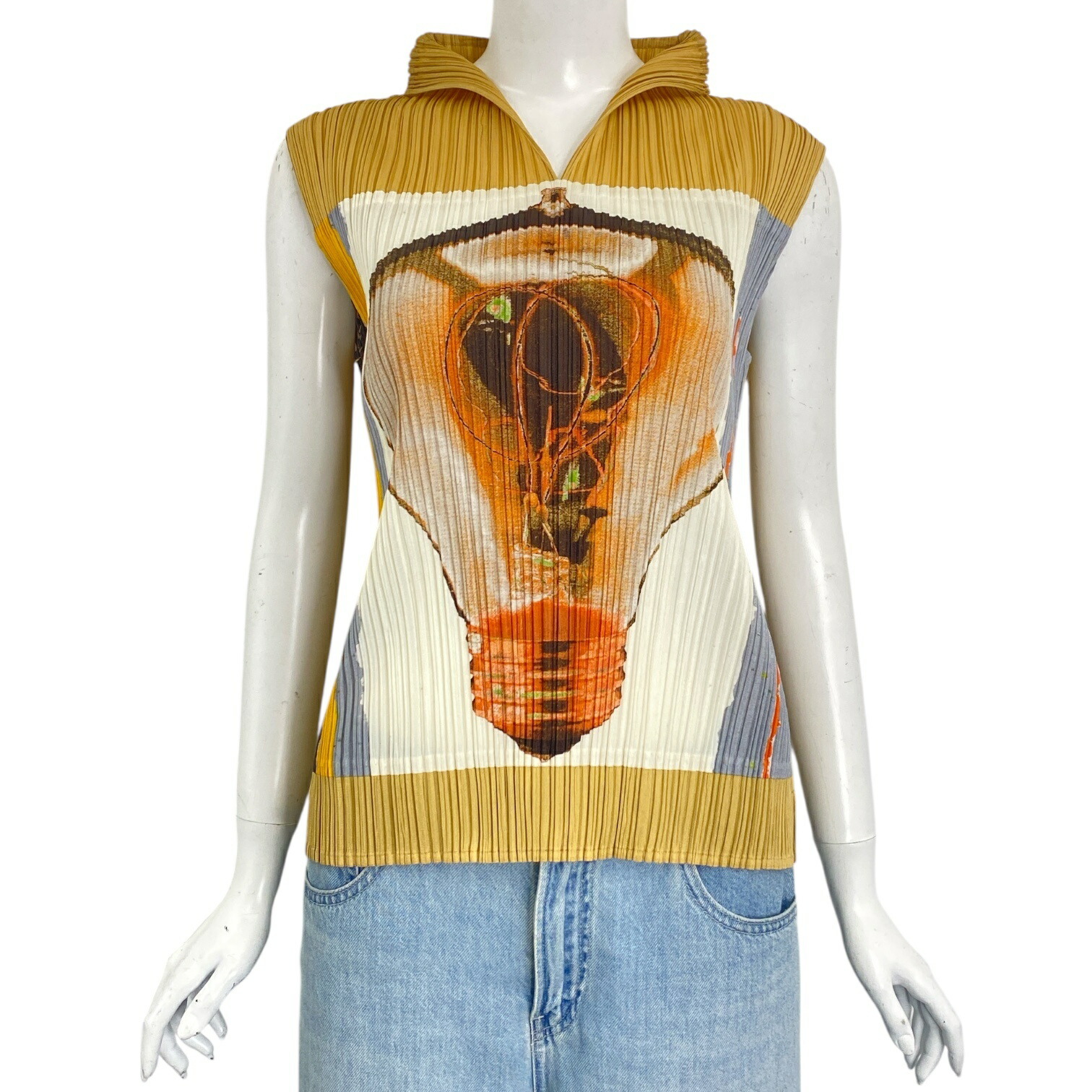 新品同様 ISSEY MIYAKE イッセイミヤケ PLEATS PLEASE プリーツプリーズ トップス ベスト 電球バック転写 マルチカラー サイズ3｜Tokyo Vintage Brand
