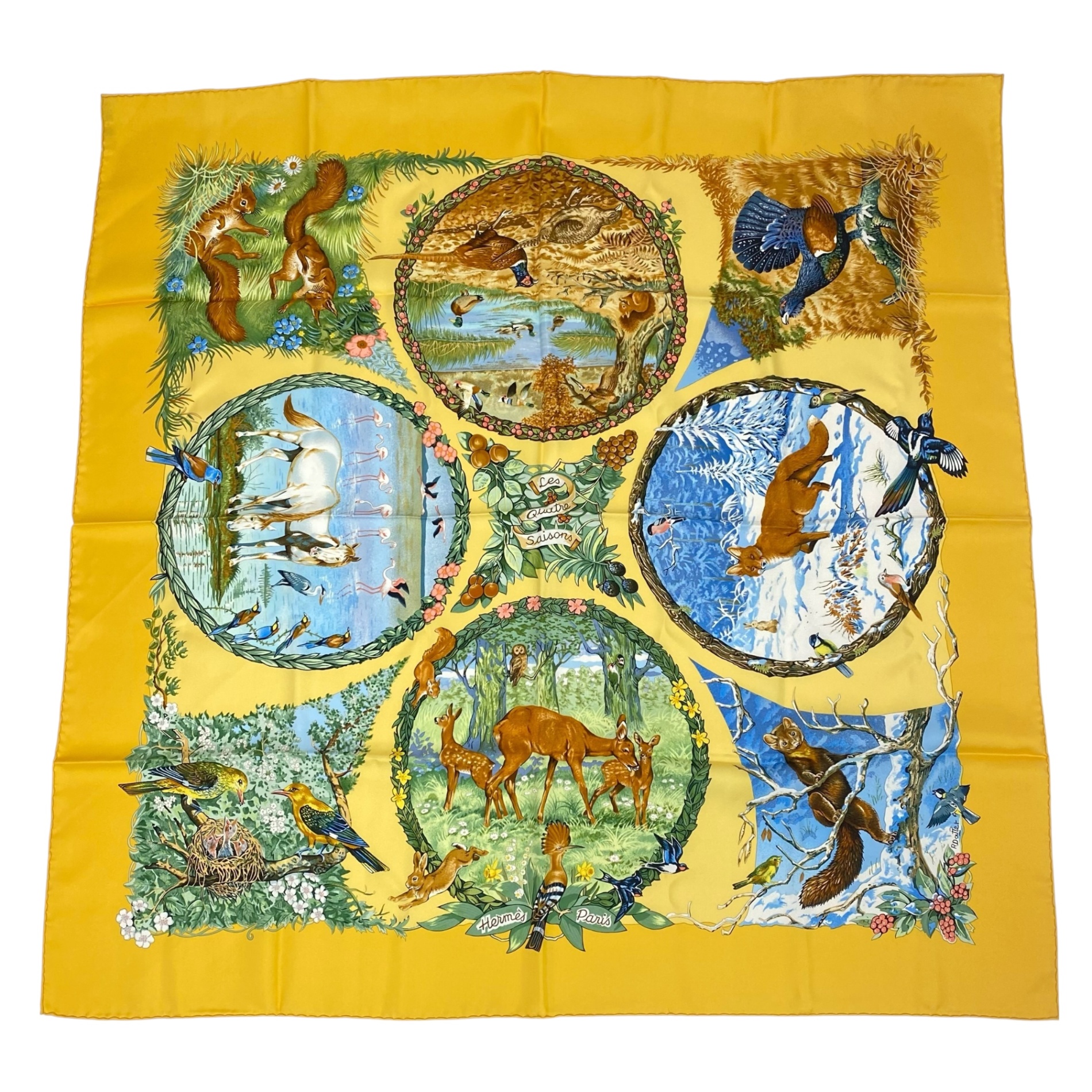 極美品 HERMES エルメス カレ90 LES QUATRE SAISONS 四季 赤銅色 毛の荒物 花 えり巻き 絹地 黄色
