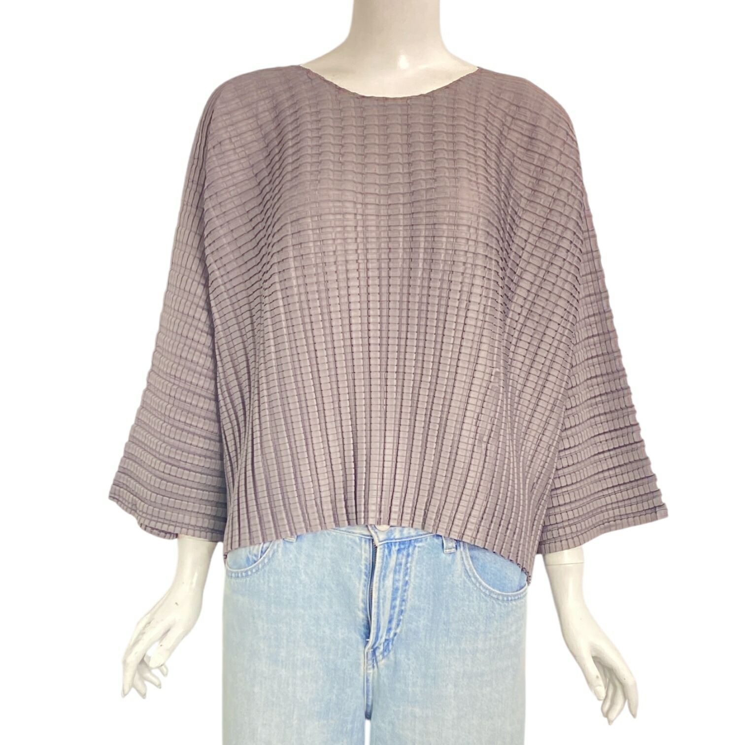 新品負けず劣らず ISSEY MIYAKE イッセイミヤケ PLEATS PLEASE 筋目プリーズ カットソー 長袖 凸凹青写真 薄墨色 大きさ3