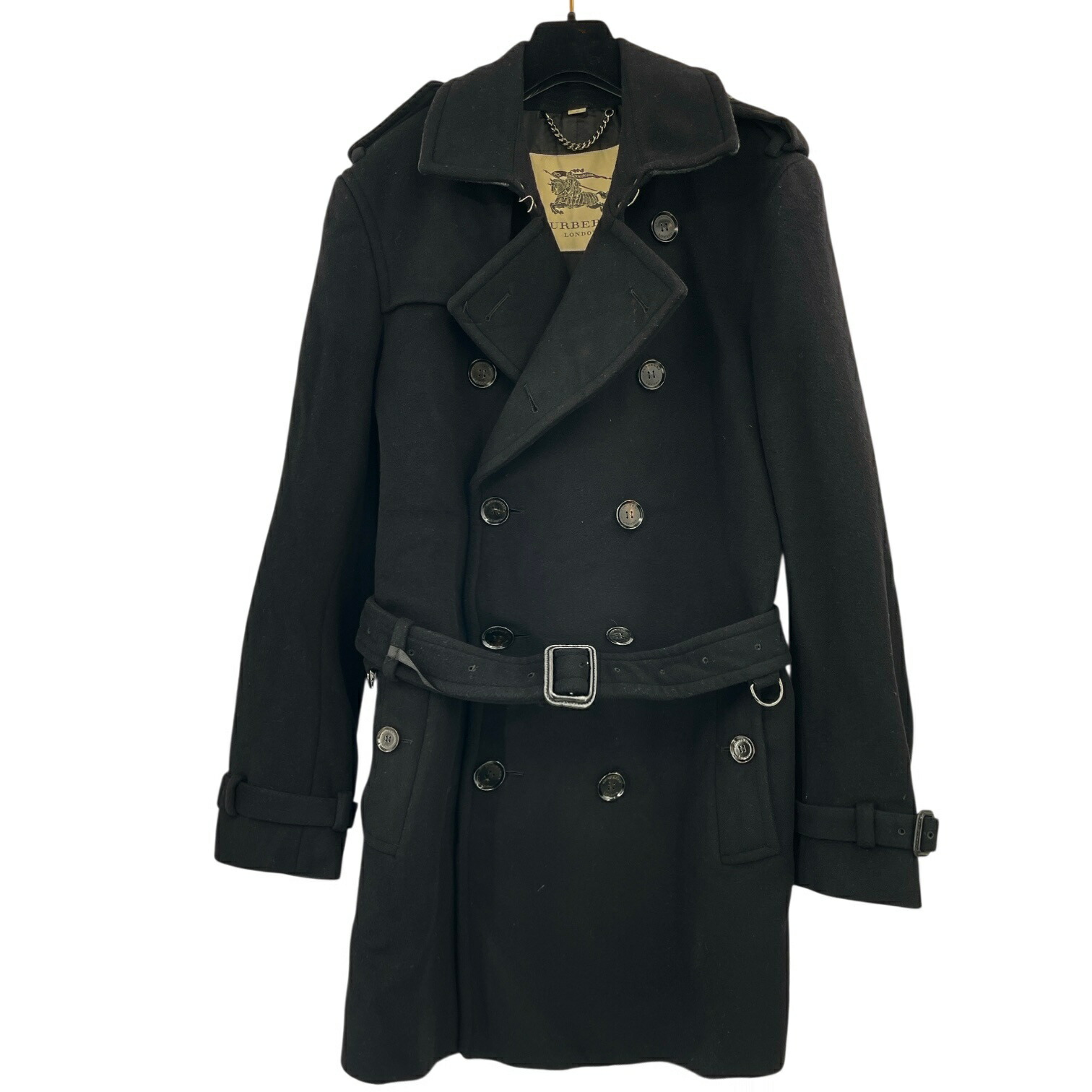 美品 BURBERRY LONDON バーバリー 英国の首都 厚地の外套 羊毛 胴締め付き添い人 黒いこと メンズ