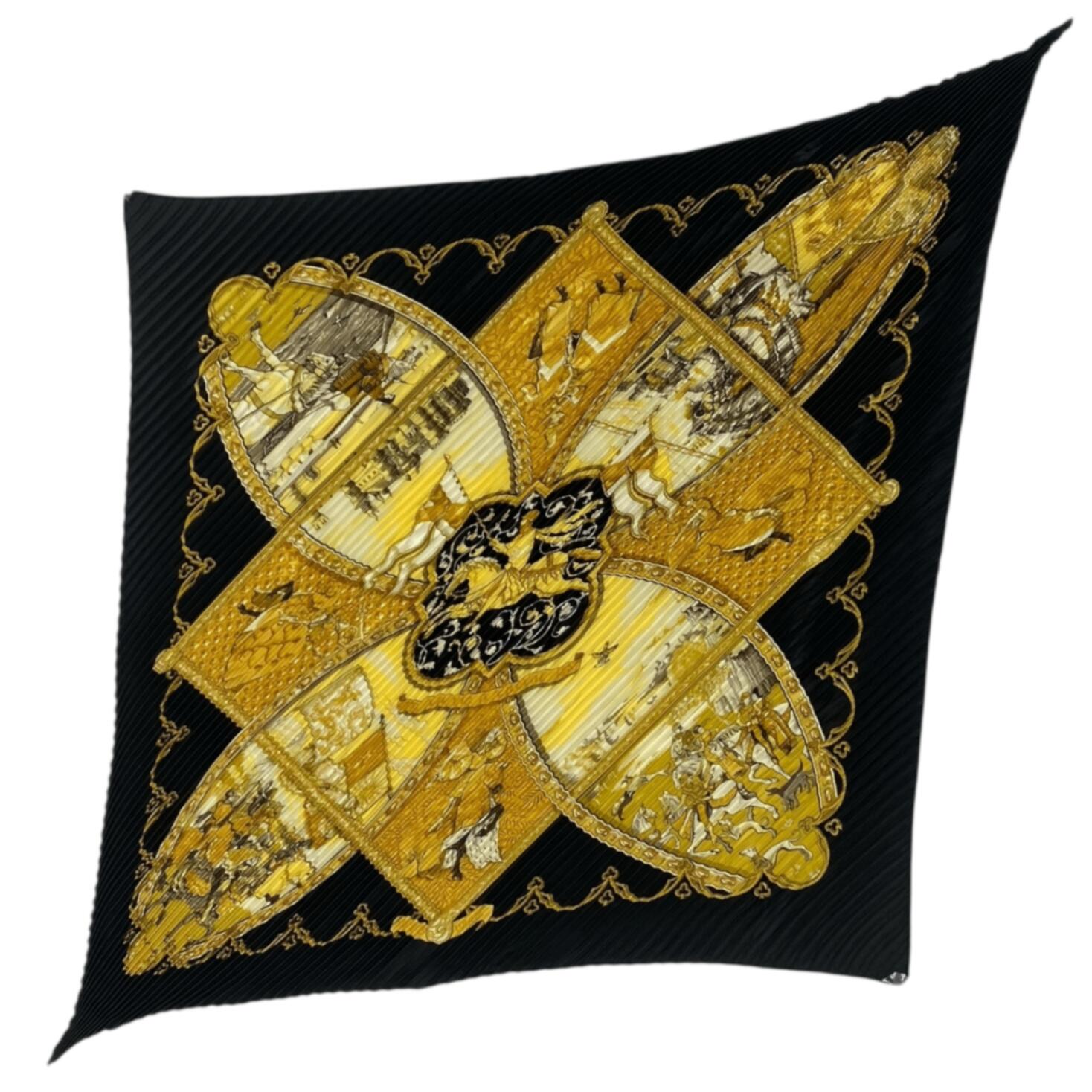 極美品 HERMES エルメス えり巻き 筋目 馬のいる見晴らし La vie a cheval ゴールド x 黒いこと 箱付き添い人