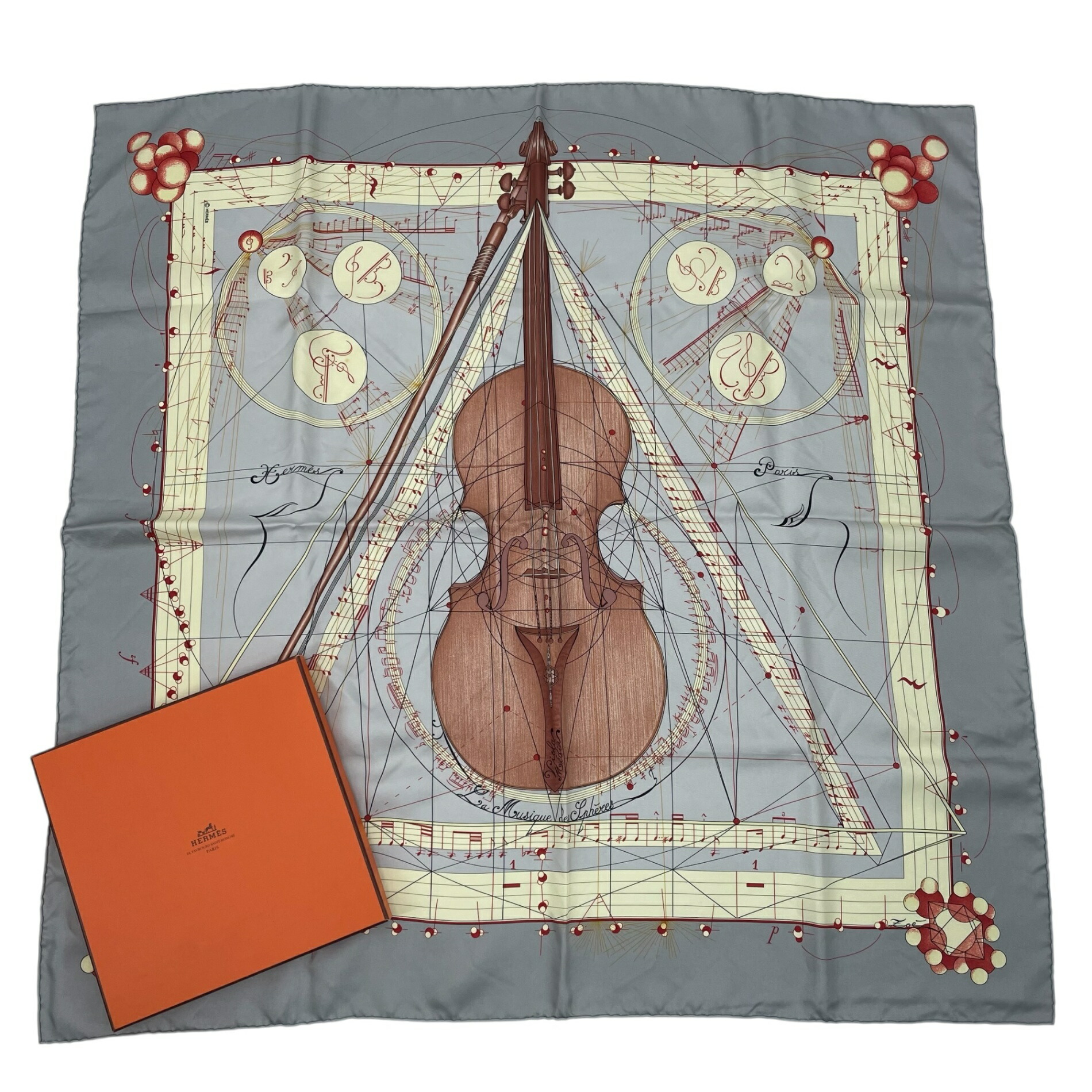 HERMES　バイオリン図面スカーフ 楽天市場】HERMES エルメス 希少 カレ90 La Musique des Spheres 球体