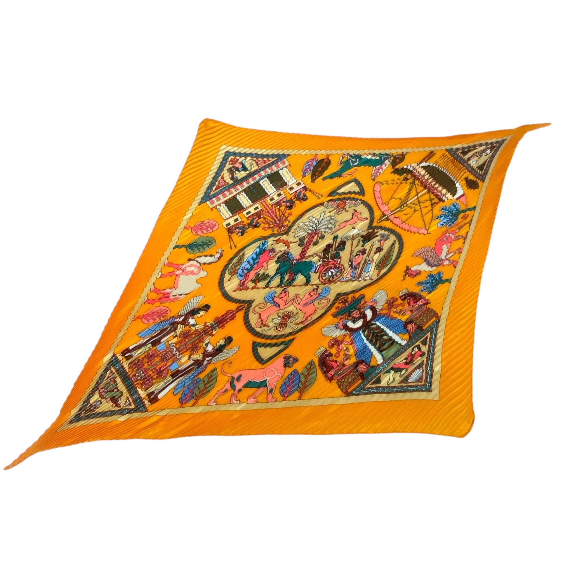 極美品 HERMES エルメス 絹地 えり巻き 筋目 PERSEPOLIS ペルセポリス イランの都市 オレンジ色 箱付き添い人