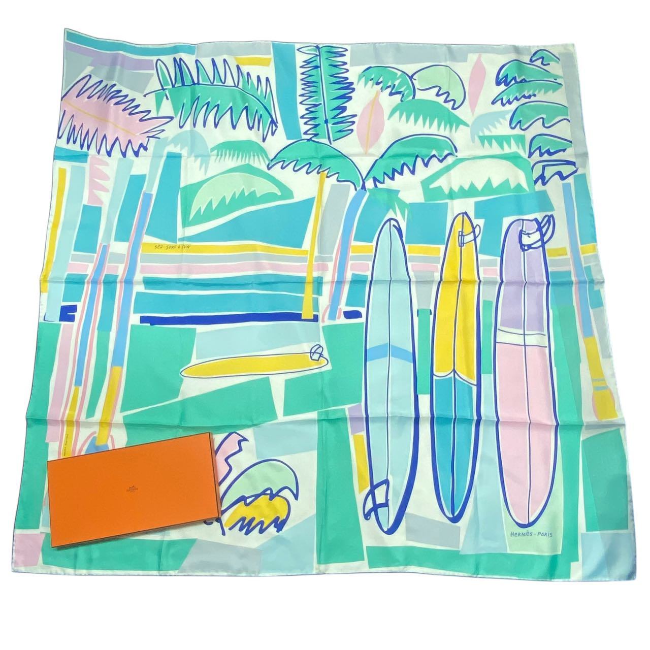 新品負けず劣らず HERMES エルメス カレ140 えり巻き 地絹 大判 SEA SURF＆FUN 海とサーフと気違い マルチ色つや 箱付き添い人