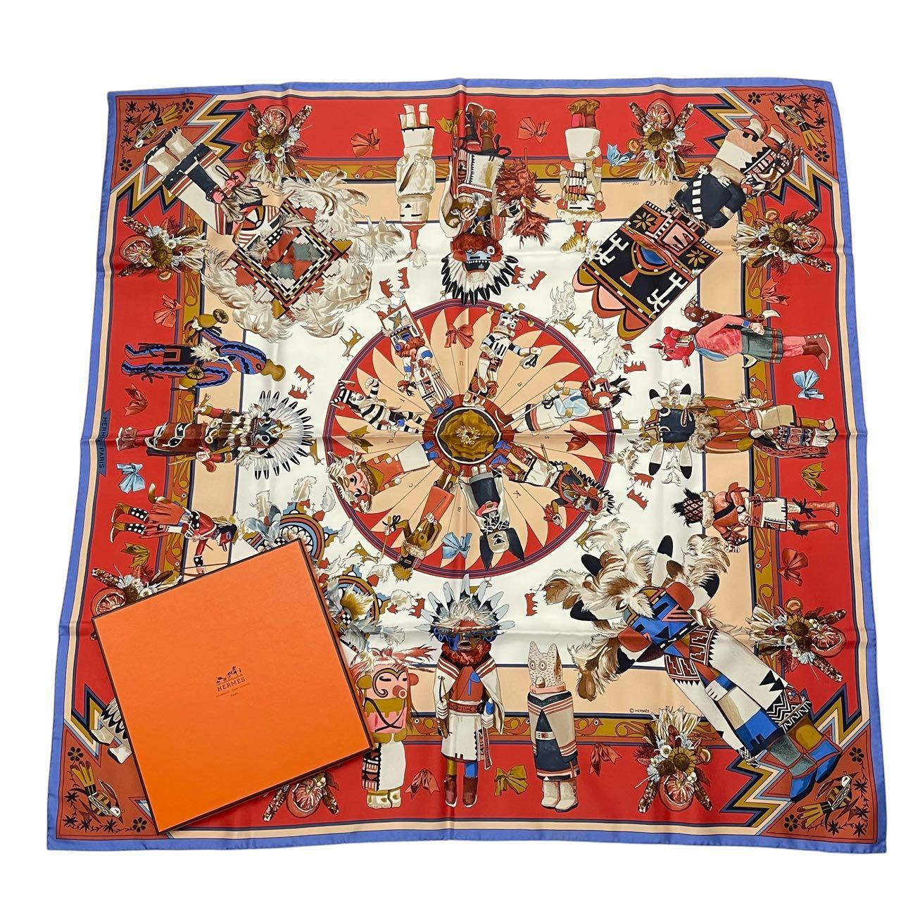 極美品 HERMES エルメス えり巻き 地絹 カレ90 Kachinas カチナ 民族 赤いこと 箱付き添い人