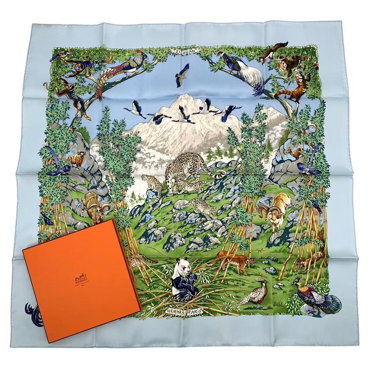新品負けず劣らず HERMES エルメス えり巻き カレ90 地絹 SICHUAN 四川省 青碧 箱付き添い人