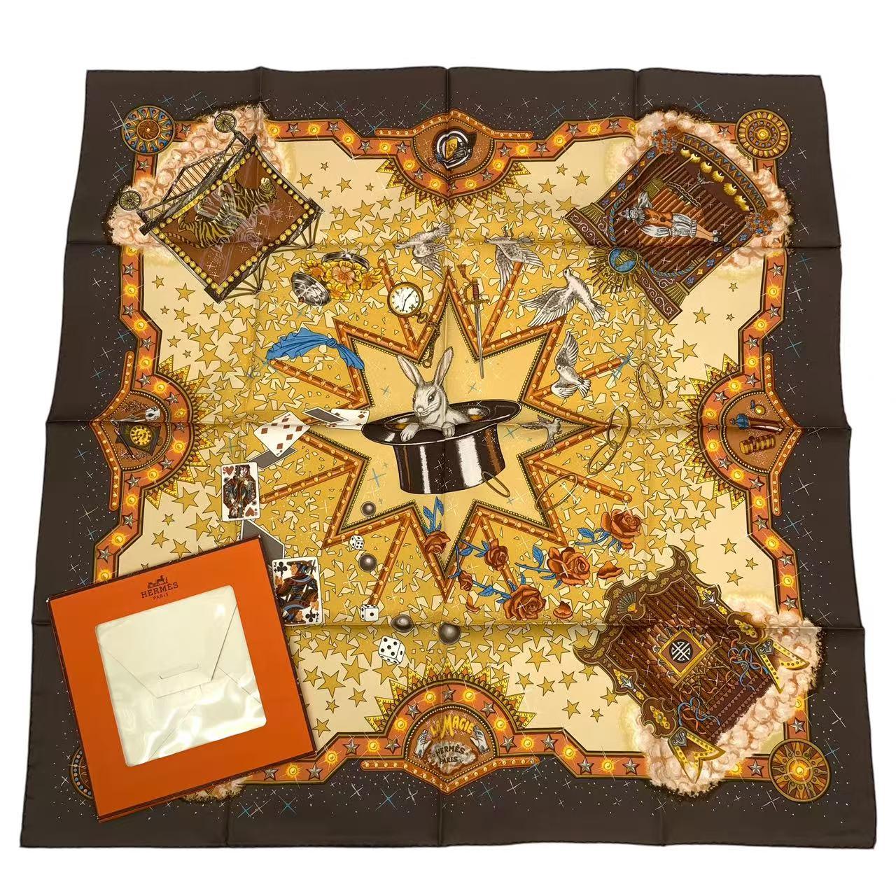 新品負けず劣らず HERMES エルメス カレ90 天使の都市 MAGIE 神通力 家兎 魔術 鳩 お笑い芸人 絹地 赤銅色 箱付き添い人