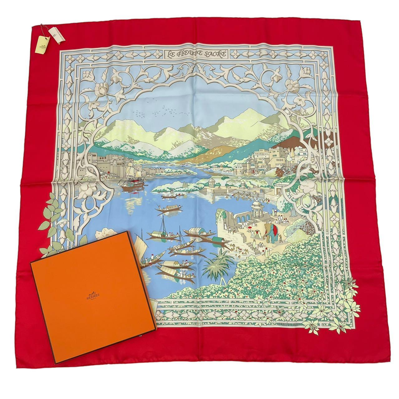 未当てはめる品 HERMES エルメス カレ90 絹地100％ えり巻き LE FLEUVE SACRE 聖なる川･河 赤いこと 箱付き添い人