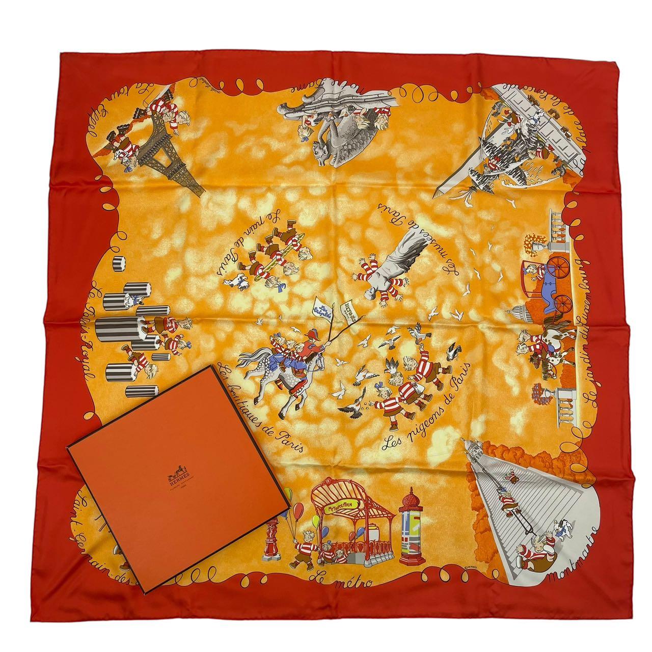 新品負けず劣らず HERMES エルメス えり巻き カレ90 Les Triples de Paris 悪てんごう三つ子 地絹100% 赤いこと