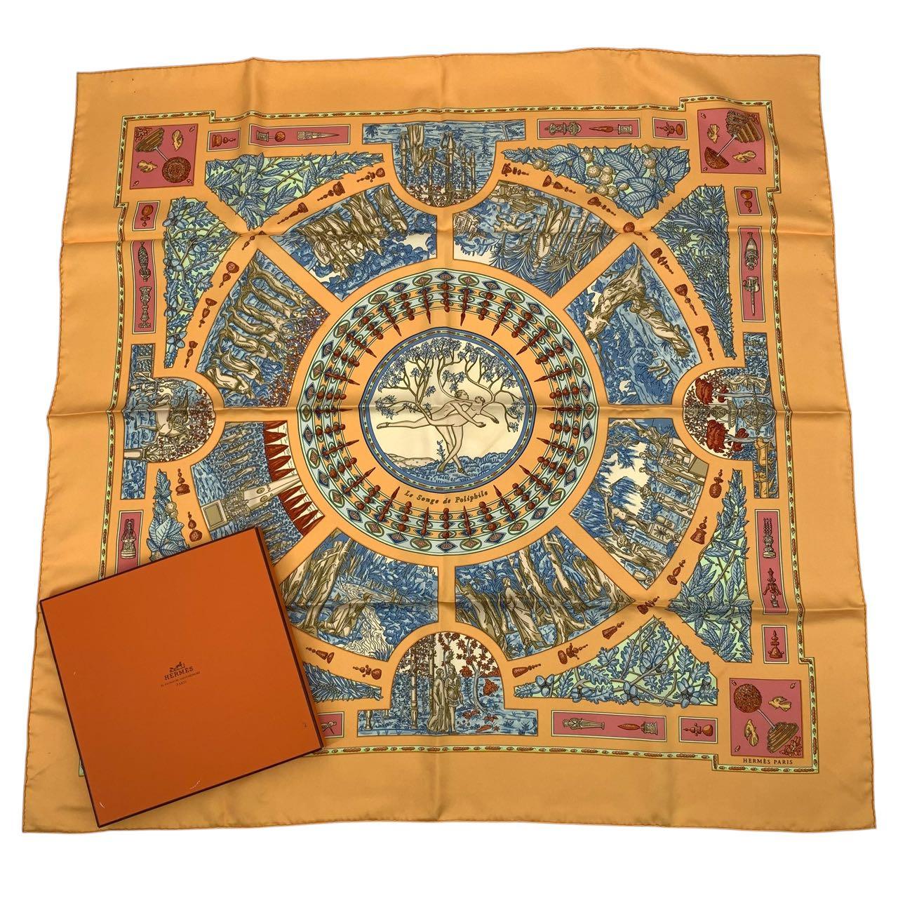美品 HERMES エルメス えり巻き 絹地 カレ90 Le Songe de Poliphile ポリフィルの空想に耽る 黄み 箱付き添い人